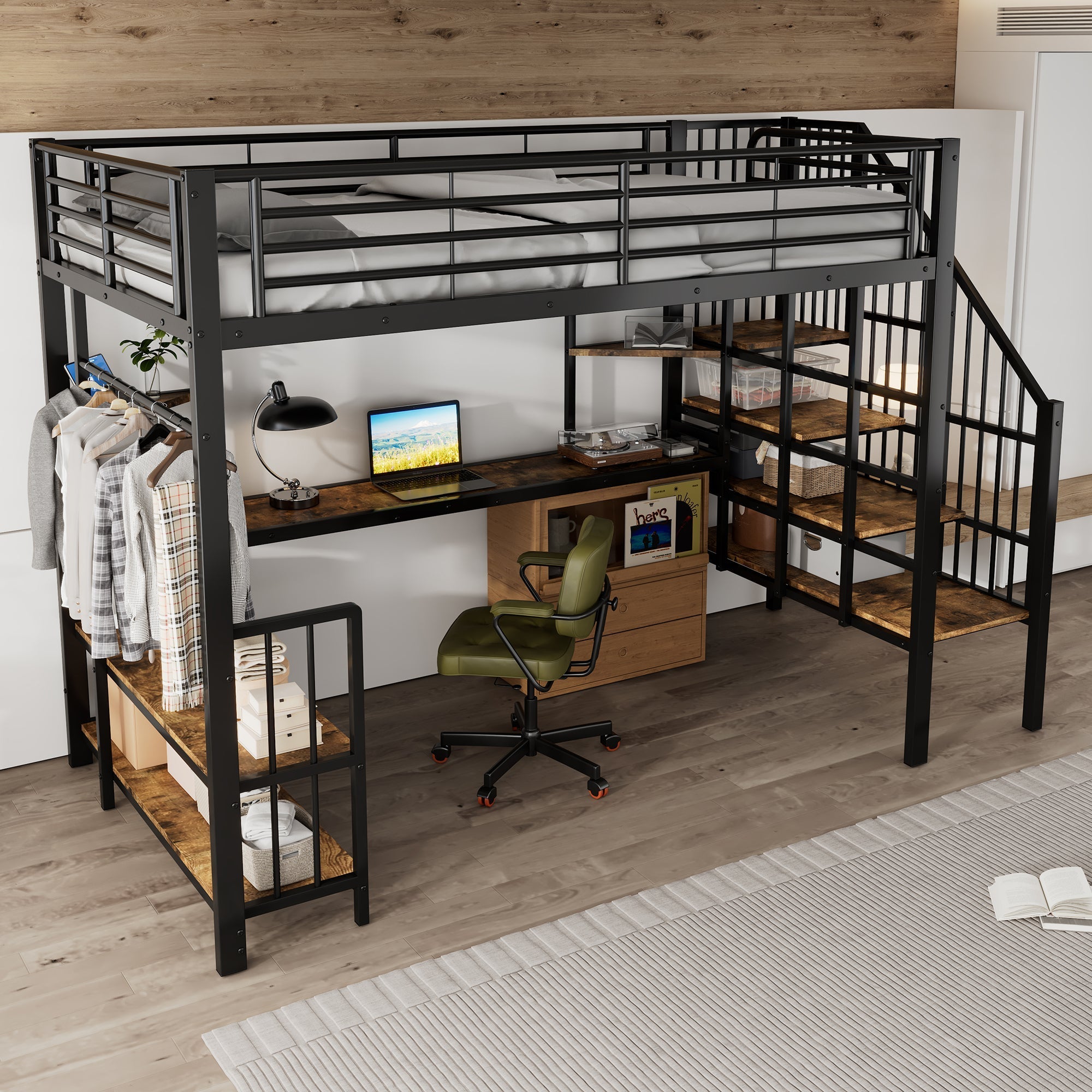 Iron Bed, Loft with Side Ladder & Charging Port, Black Iron + MDF