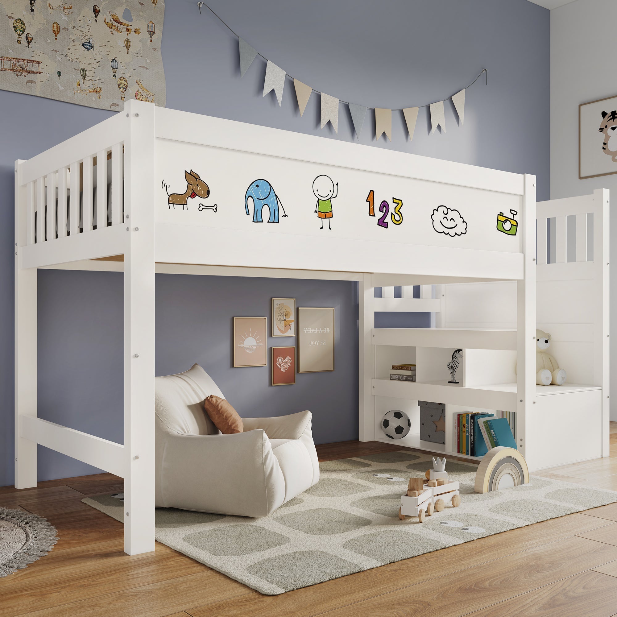 Children's Loft Bed with Whiteboard & Blackboard, Storage, 90 x 200 cm, White