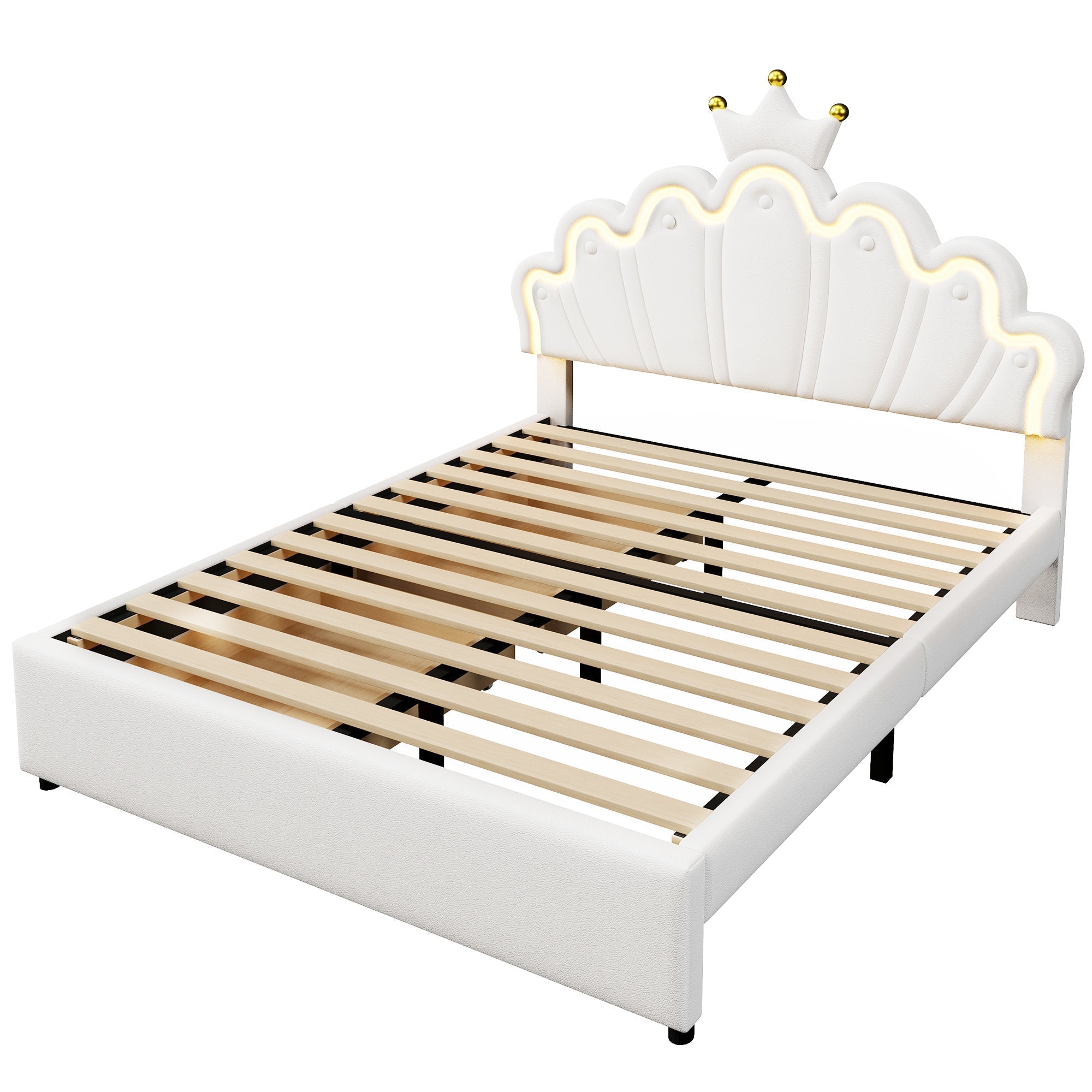 Upholstered Bed 140x200cm Crown Design Ambient Light 2 Drawers Adjustable Headboard - White PU