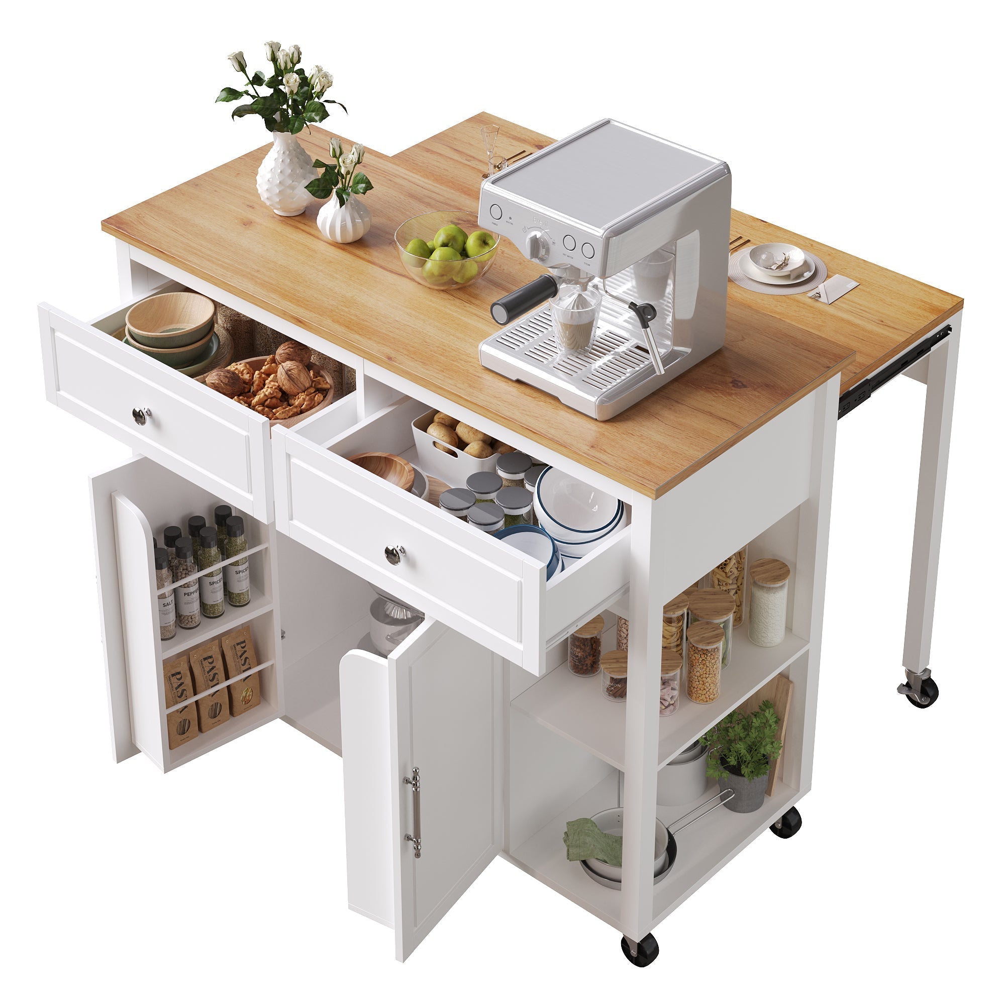 Kitchen Island Mobile Serving Trolley Storage 2 Drawers - Wood Grain