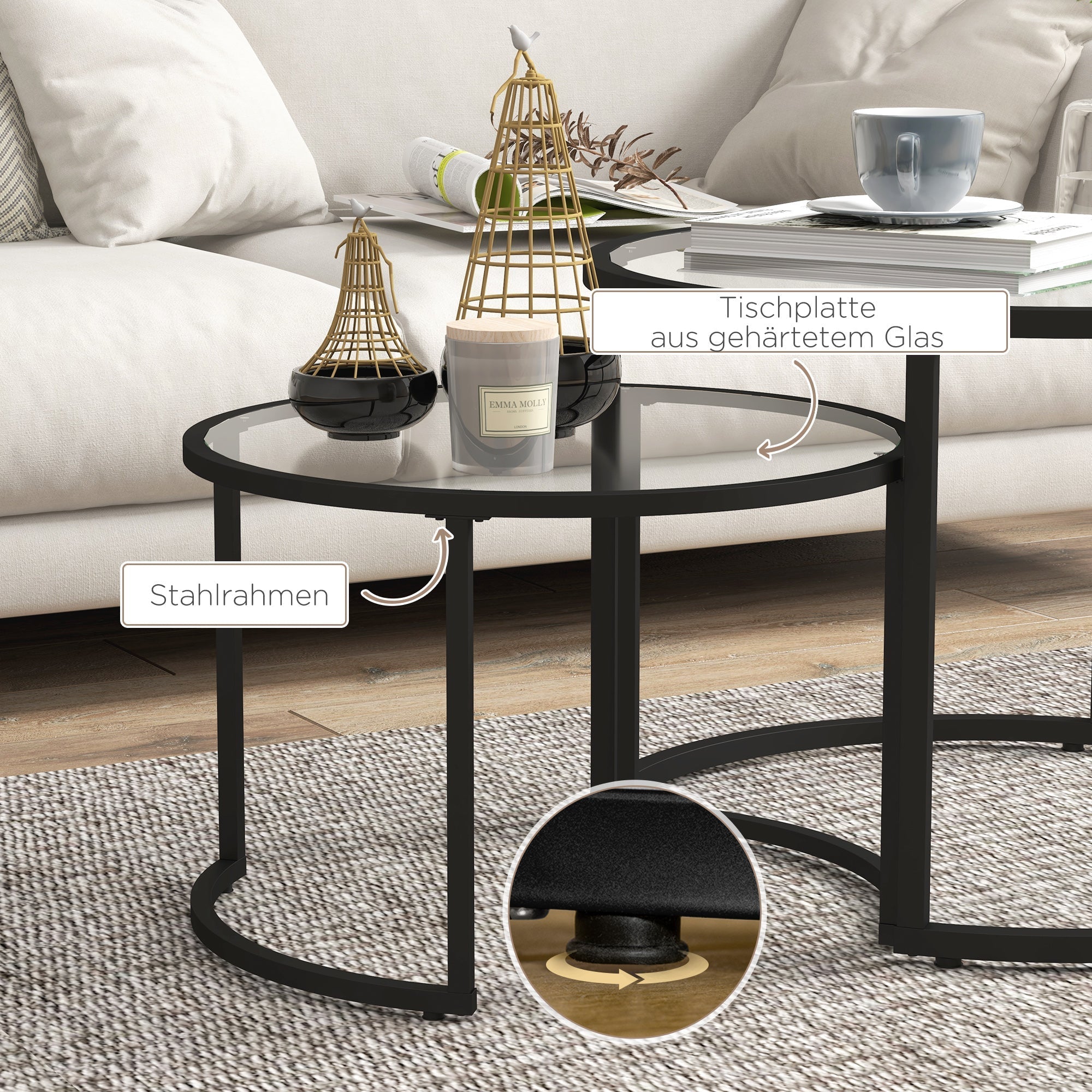 Couchtisch-Set 2-teilig, stapelbare Beistelltische, Stahl Schwarz & Sicherheitsglas