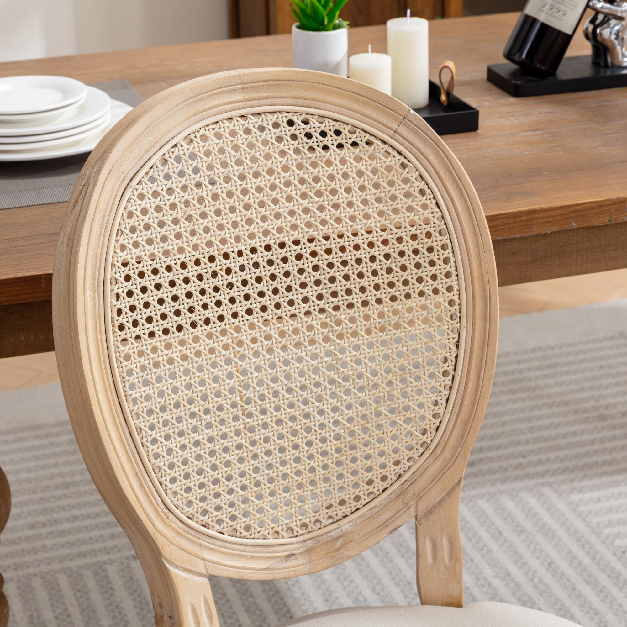 French Style Dining Chair Solid Wood Rattan Back Linen Set of 2 - Cream Beige