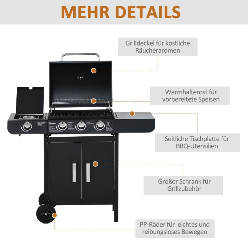 Gas Grill BBQ Cart 3 Burners 1 Side Burner Multifunctional 110x50x100 cm Steel Black