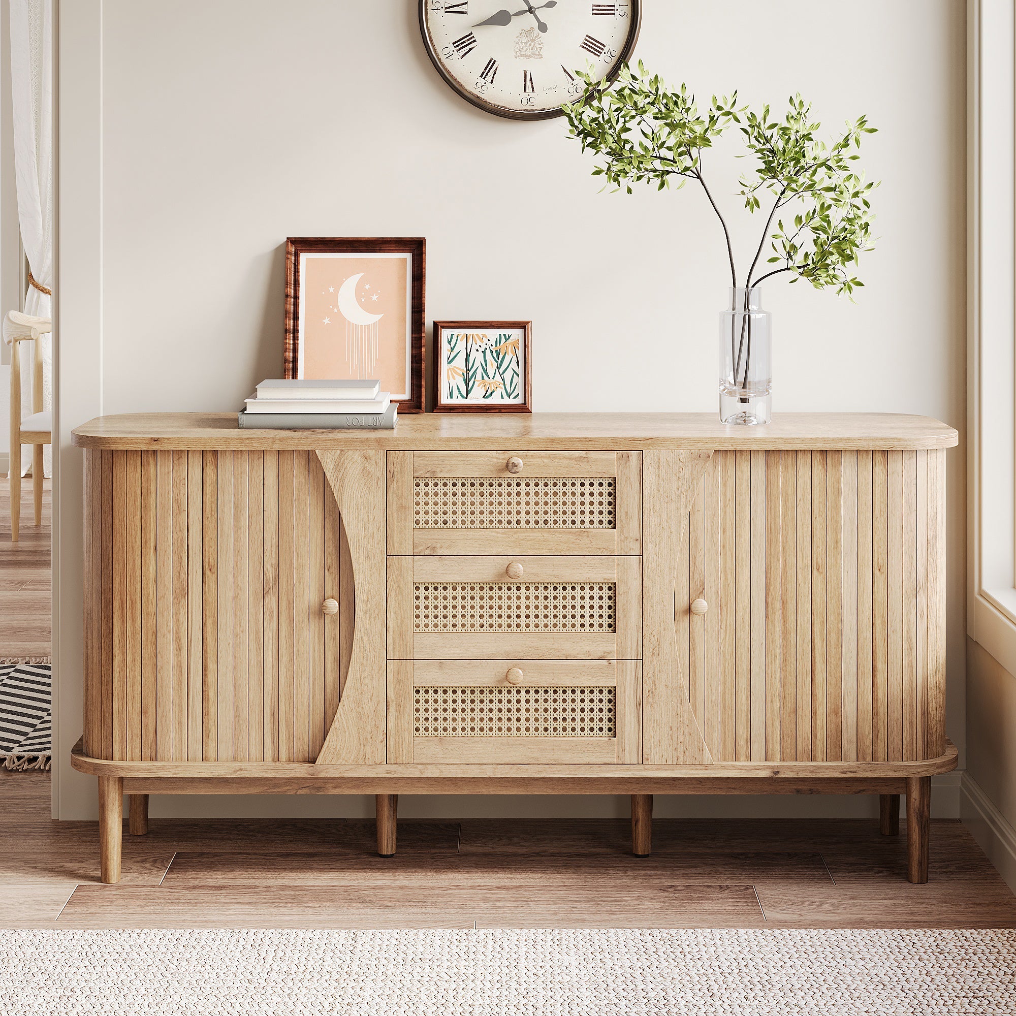 Sideboard Rattan Sliding Door Chest, Adjustable Shelves Rounded Top