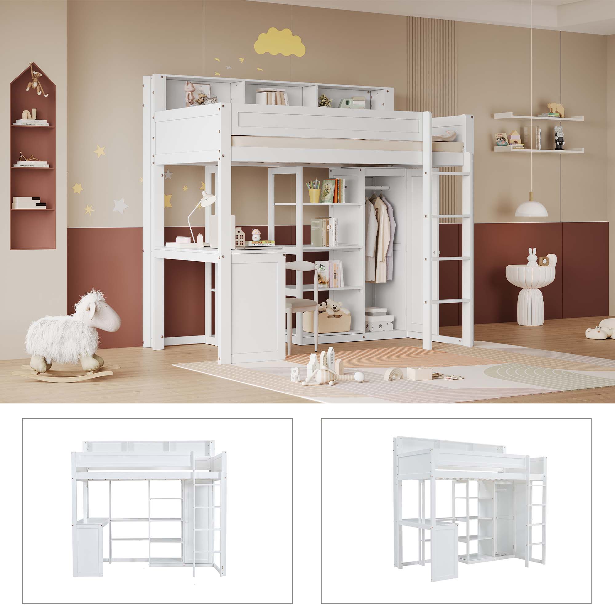 Bunk Bed with Table & Wardrobe, Safety Gate & Shelves, Pine+MDF+Plywood, White, 90x200cm