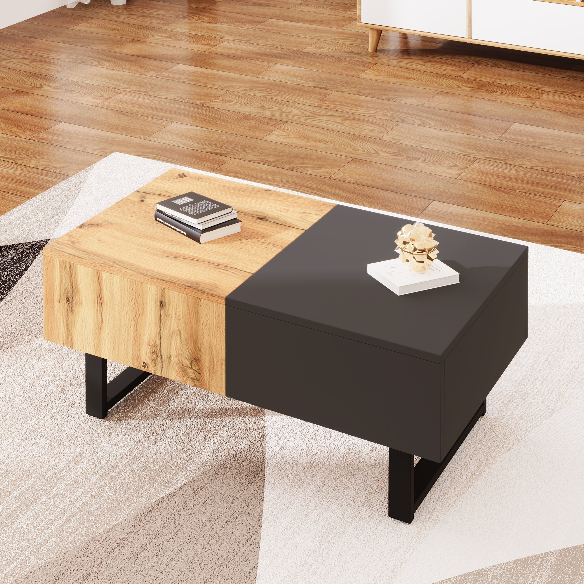 Multifunctional Modern Sliding Coffee Table with Hidden Storage, Wood and Metal