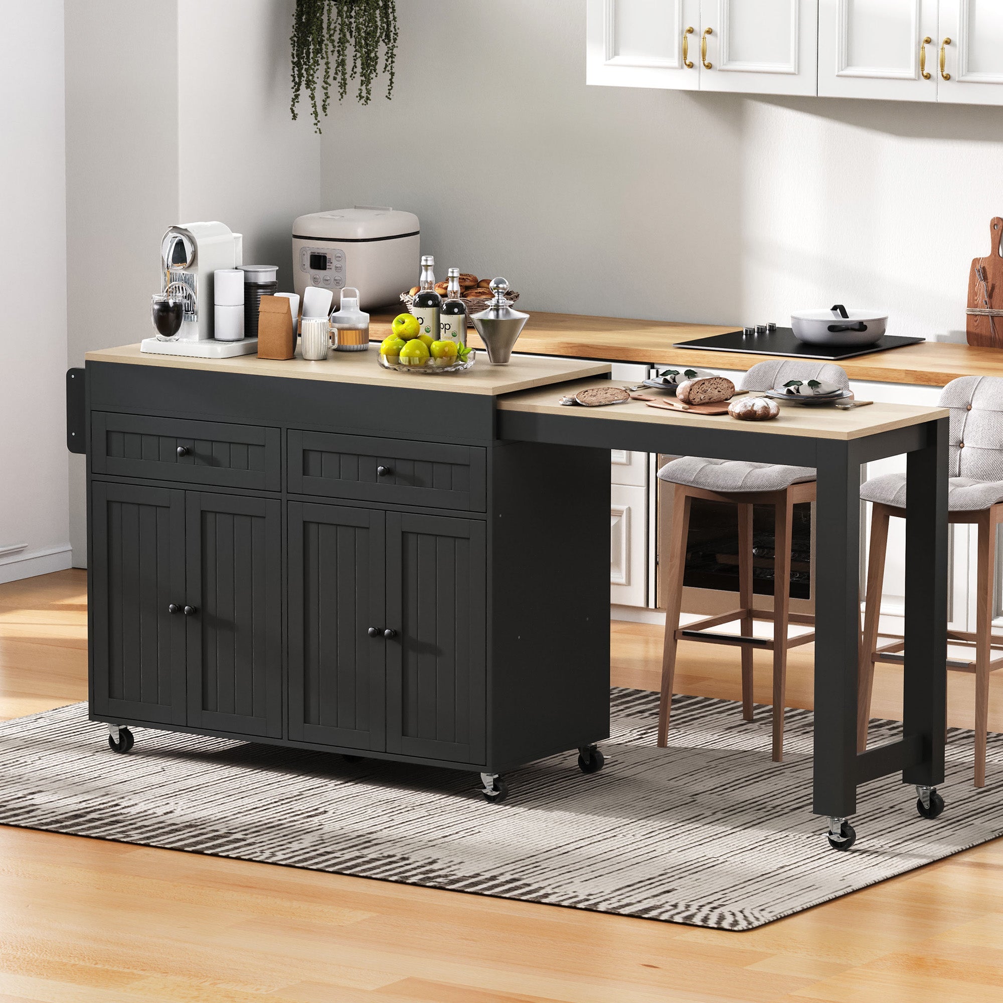 Kitchen Island, Mobile with Extendable Dining & Drawers, Black + Natural