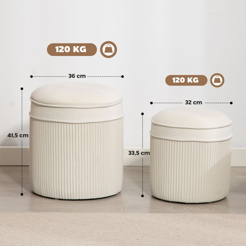 Set of 2 Ottomans with Lids Round Storage Velvet Look - Cream White