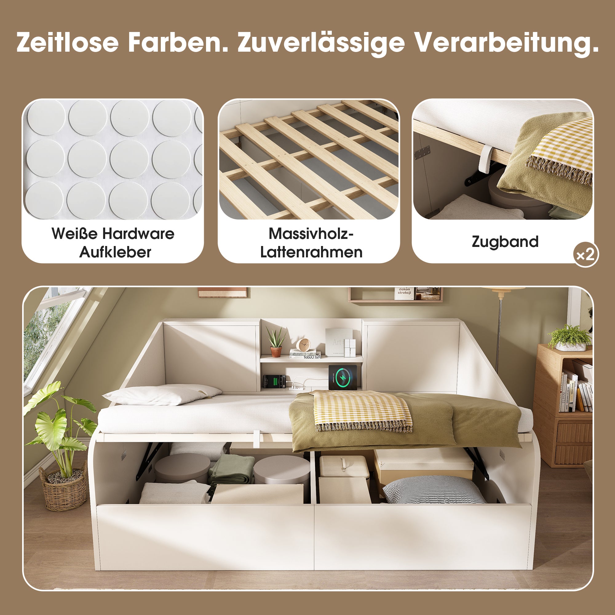 Hydraulic Daybed 140x190cm Double Bed Storage USB/Type-C Charging White Wood