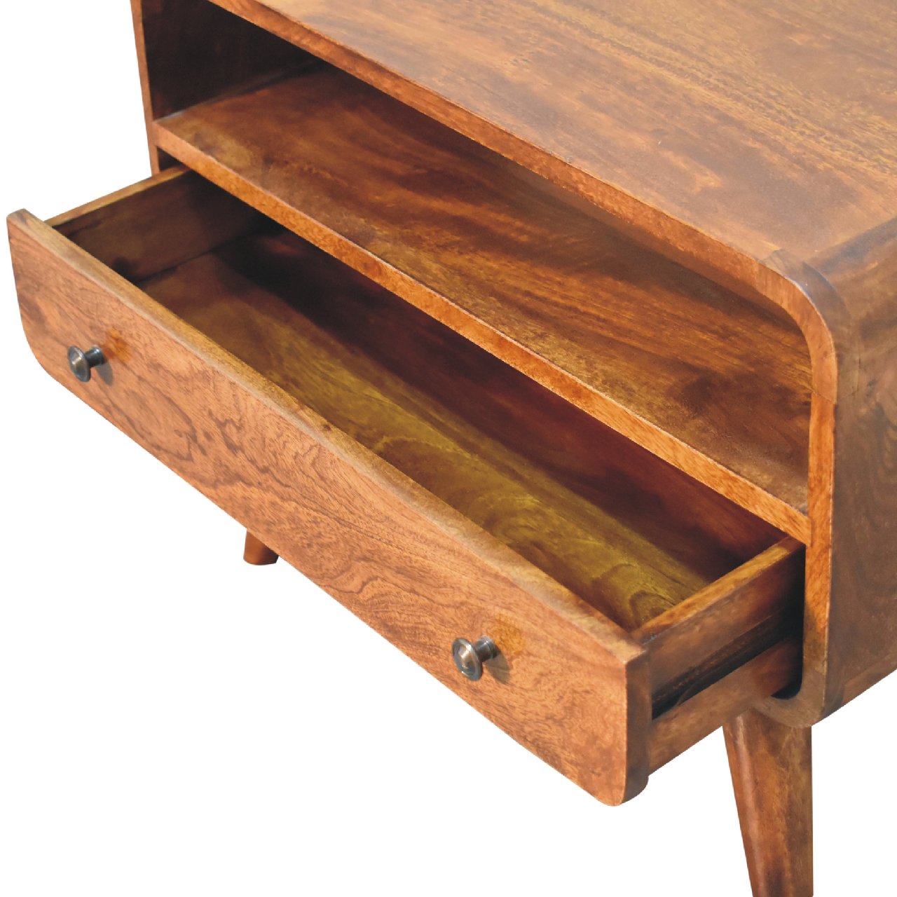 Solid Wood Mini Curved Media Unit, 1 Drawer, 1 Open Slot, Brown