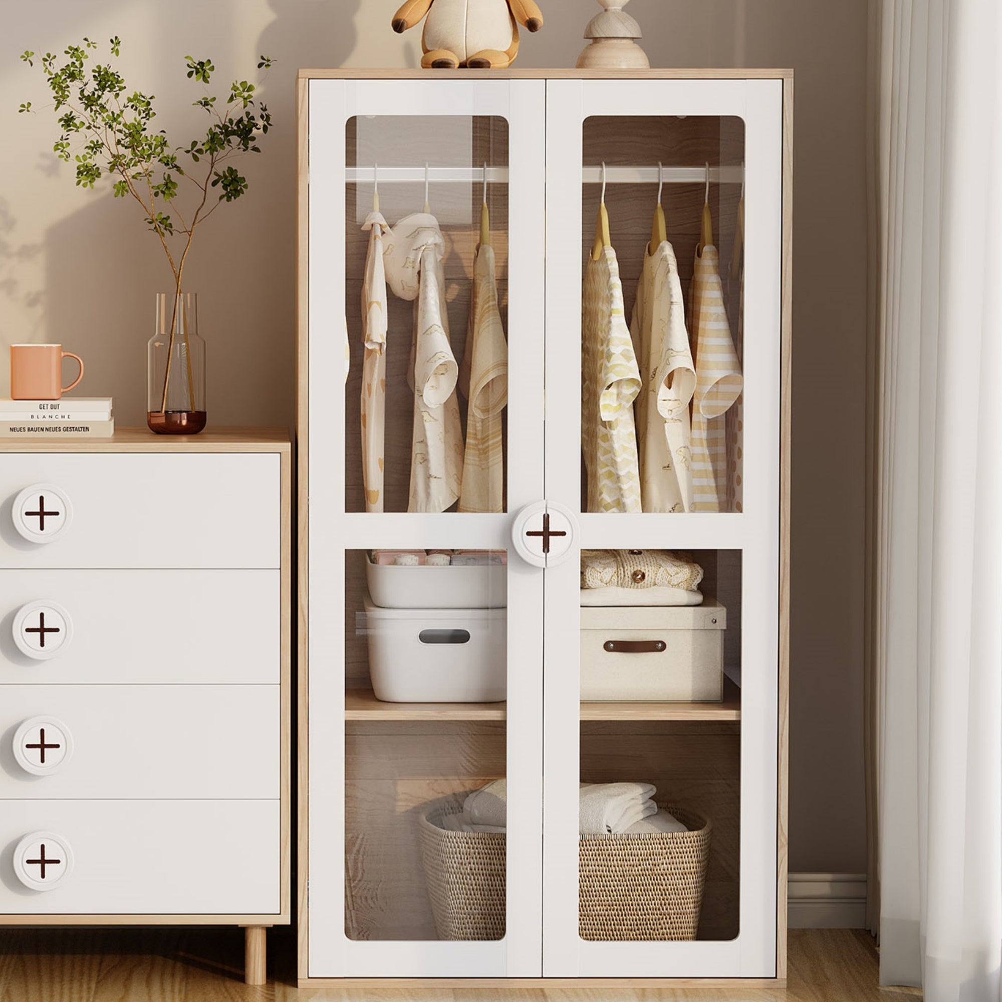 Children's Wardrobe, Double Doors Hanging Rail Sliding Shelves, White Lacquer & Natural MDF