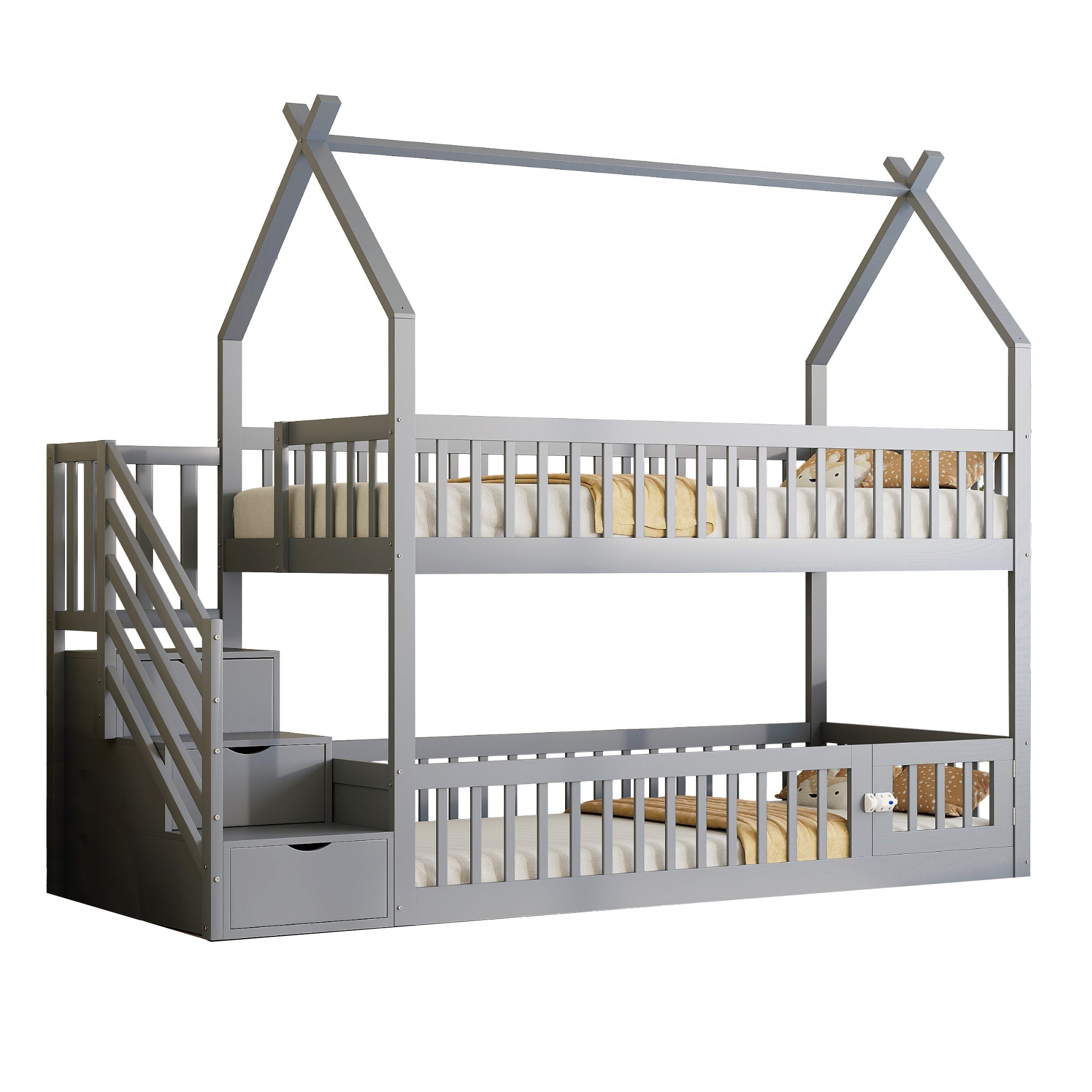 Bunk Bed, 90x200 Children's Single with Roof, Ladder & Storage Drawers, Solid Wood Gray