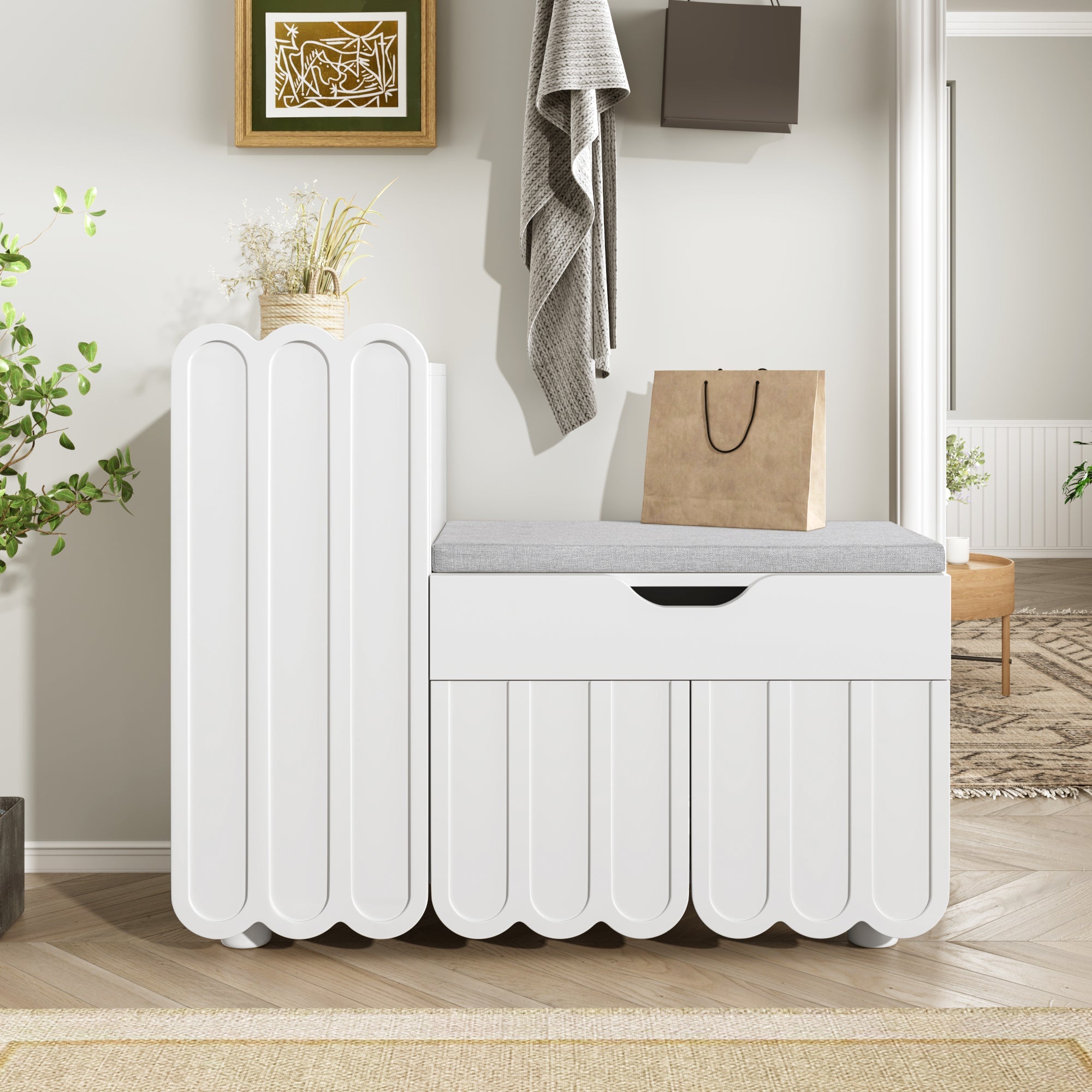Modern 3-door shoe cabinet with drawer and seat cushion, white