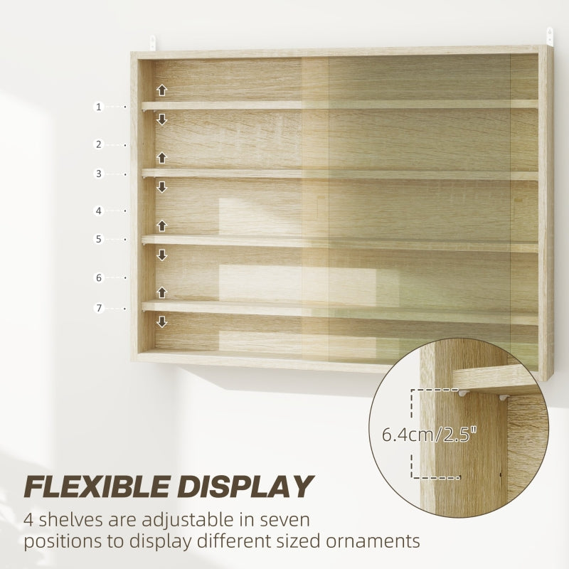 5-Tier Wall Display Cabinet with 4 Adjustable Shelves and Glass Doors, Oak
