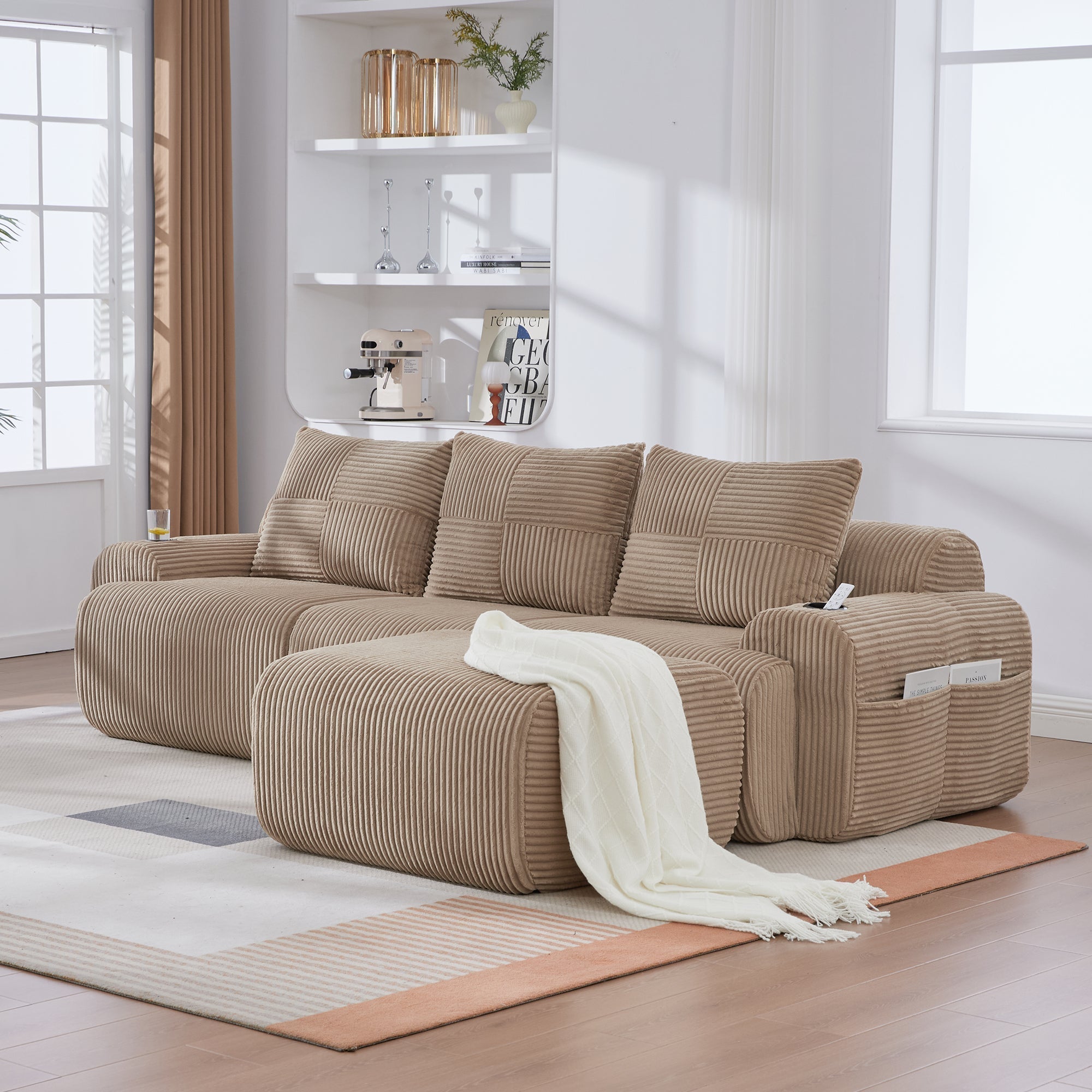 3-Seater Modular Sofa with Ottomans and Cup Holders, Khaki Corduroy