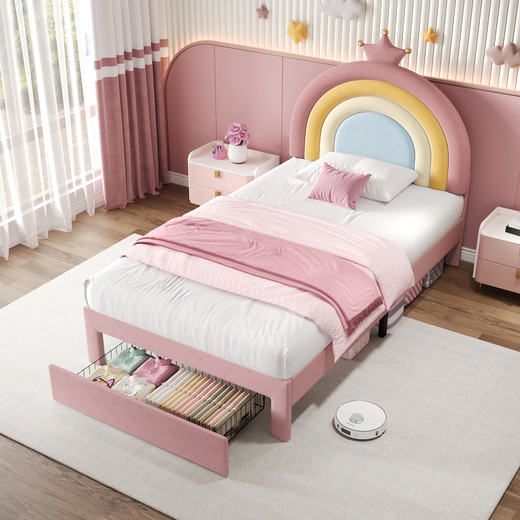 3ft Single Upholstered Bed with Adjustable Rainbow Headboard, Soft Velvet Bed Frame with Storage Drawer, Pink