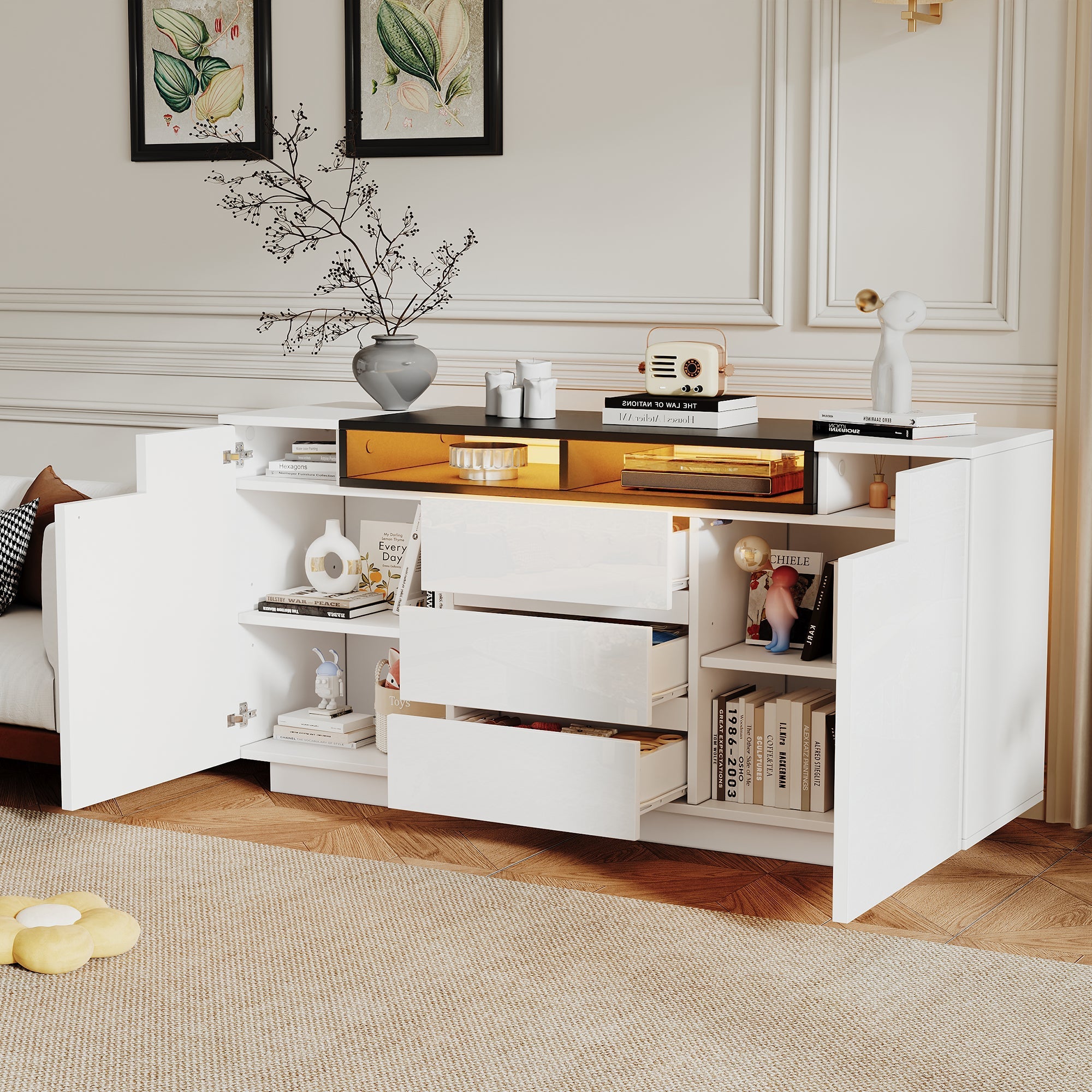 Sideboard Cabinet 140x40x68cm Adjustable Dividers LED Lights 3 Drawers, High-Gloss White/Black