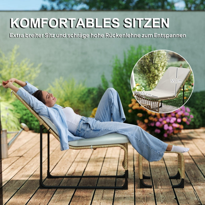 Rattan Relaxing Chair with Footstool, UV-resistant Garden Chair, Natural Wood
