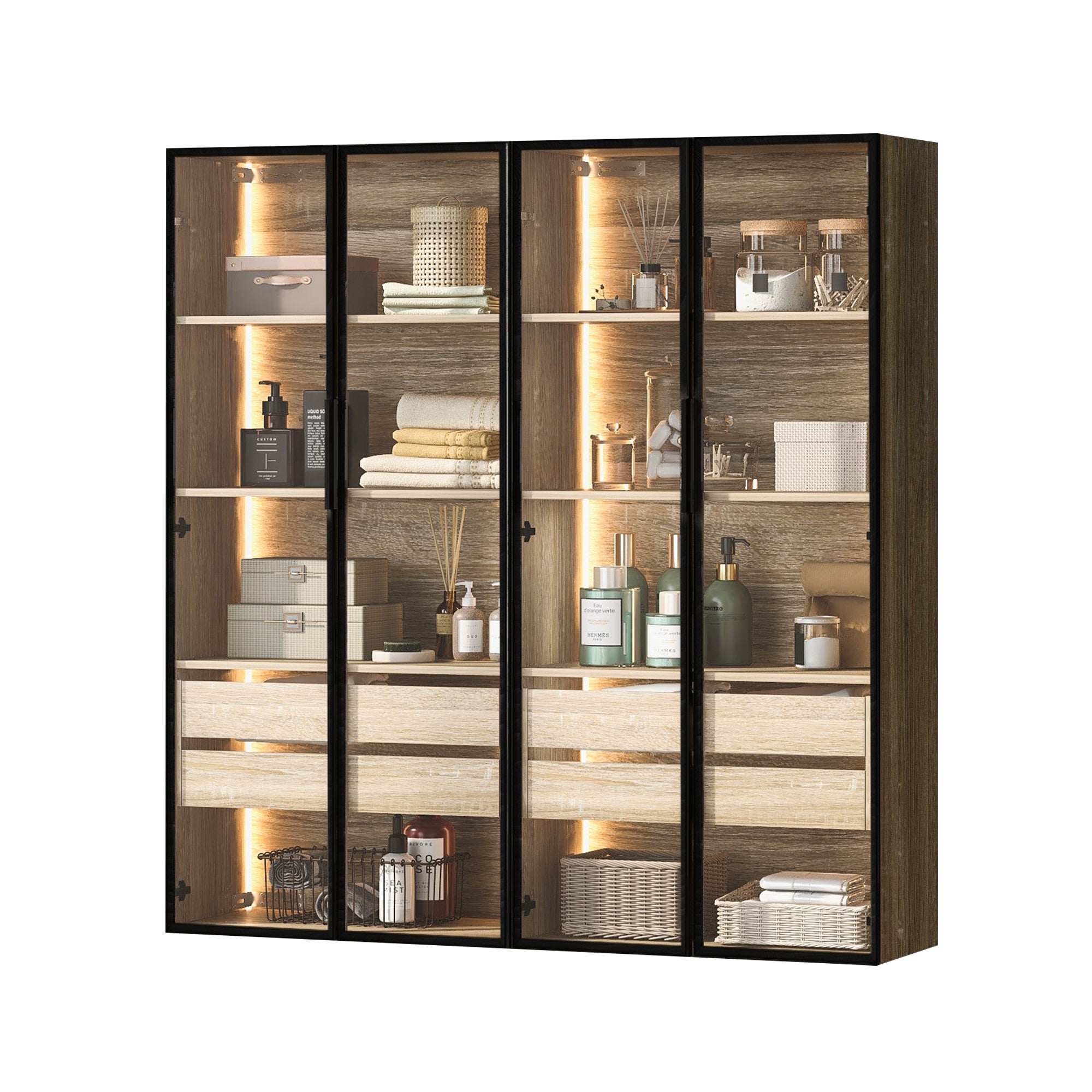 Bathroom Cabinets, Set of 2 Medium with Light Strip, 73cm Wide, 2 Drawers, 2 Doors, Glass