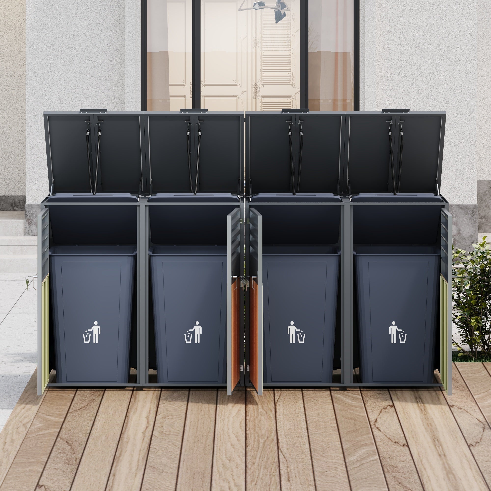 Bin Storage Box with Hinged Lid, Louvered Ventilation and 4 Lockable Doors, Metal