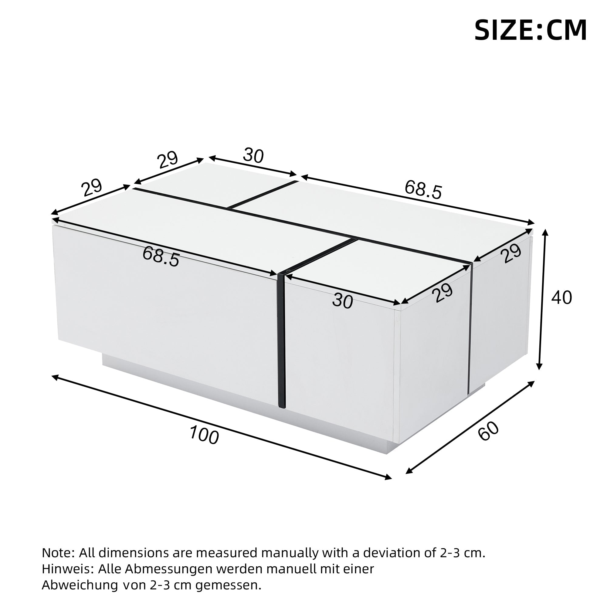 Coffee Table Square, 4 Drawers Sliding Top High-Gloss Finish, White