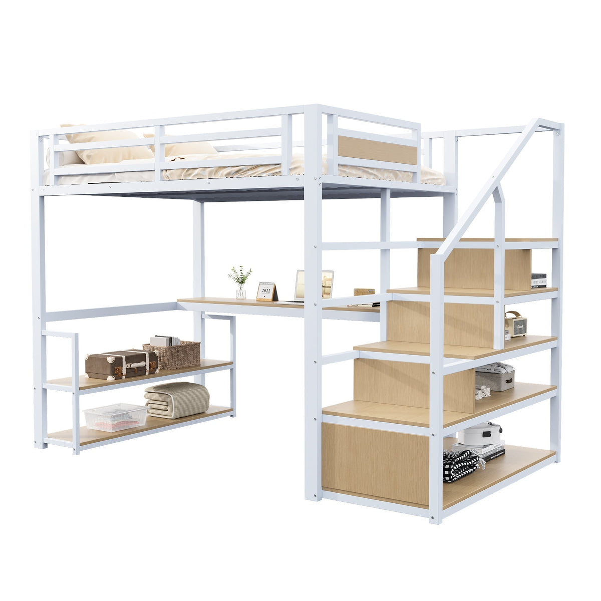 Metal Loft Bed 140x200 Storage Ladder Shelves Table, White