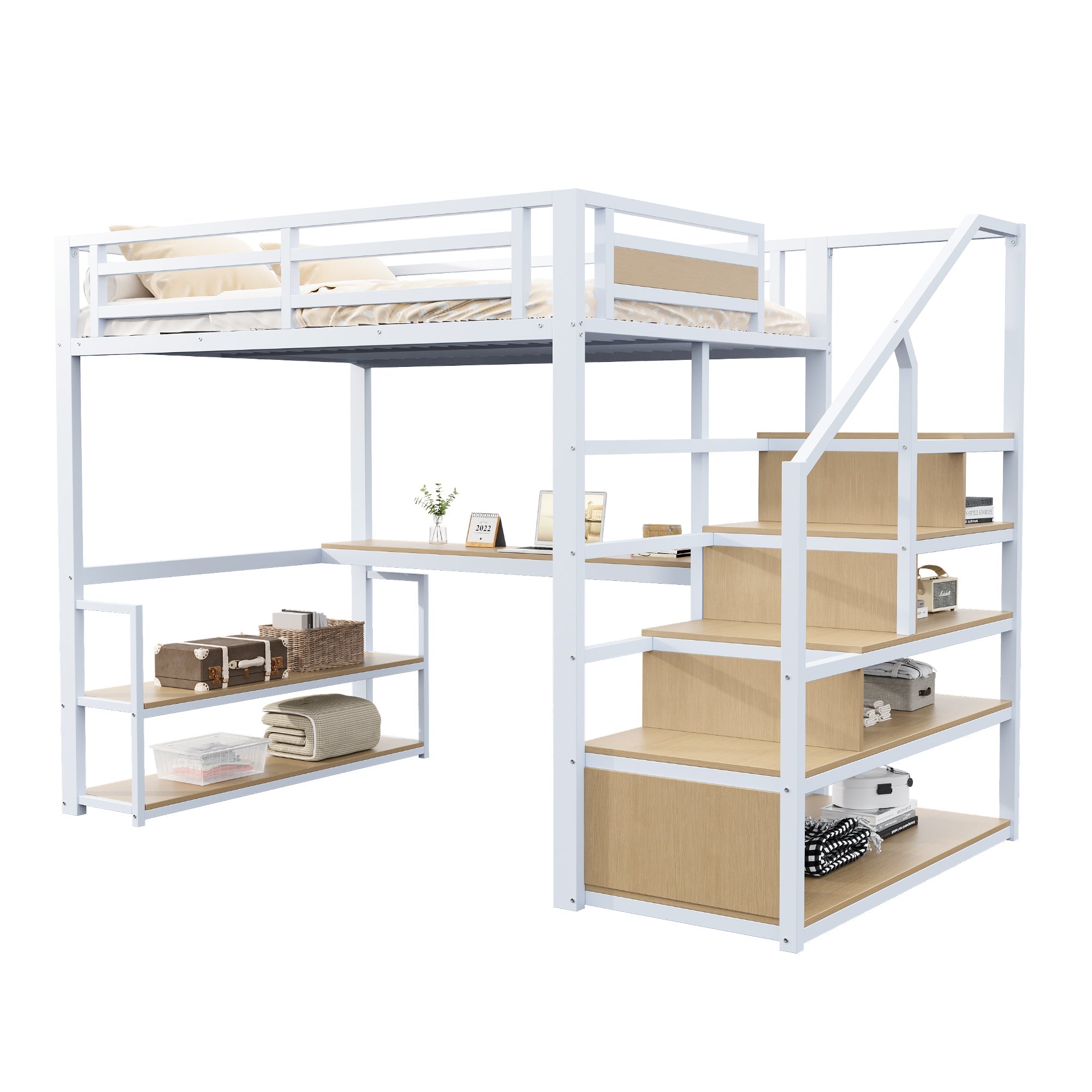 Metal Loft Bed with Storage Ladder, Shelves and Table, 140x200cm, White Metal