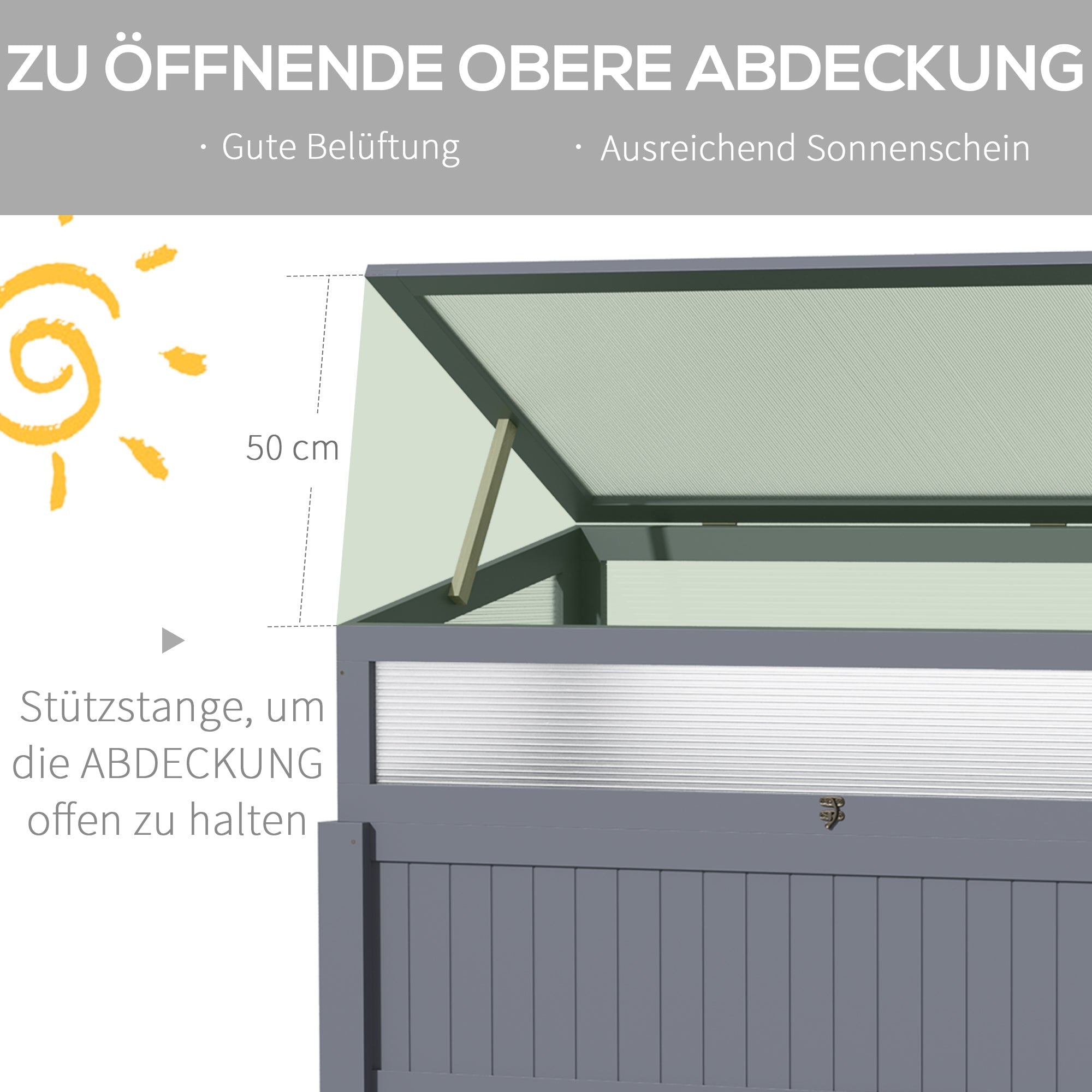 Raised Garden Bed with Cold Frame 2-in-1 Greenhouse 120x54x112/122cm, Wooden Polycarbonate Grey