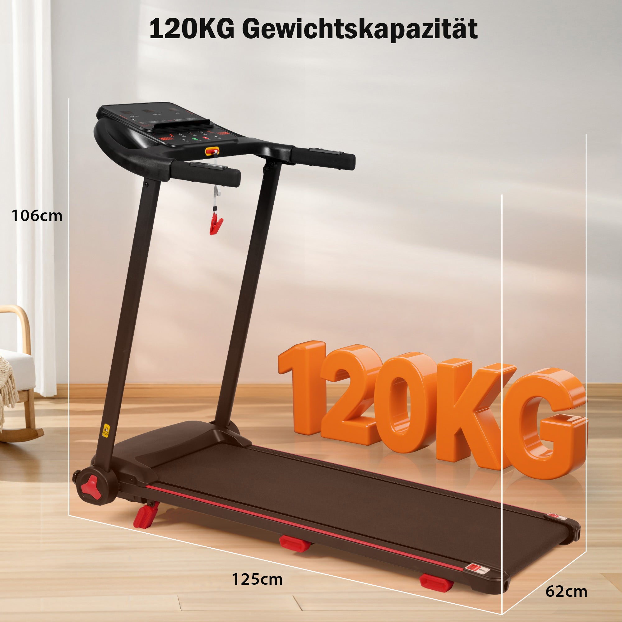 Treadmill for Home, Foldable 8% Incline 3.0 HP 120kg Max Load, Black