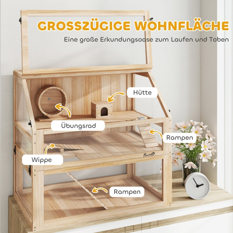 Hamster Cage, 3-Level Nagarium with Running Wheel, Wood