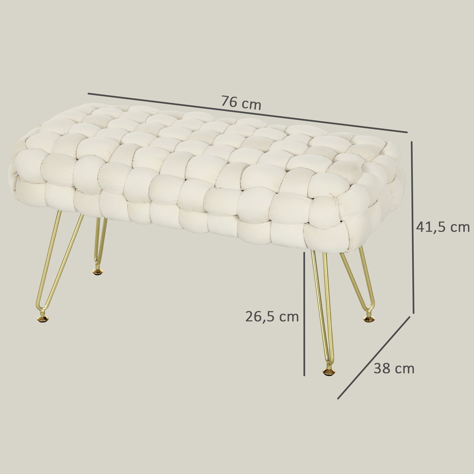 Fußhocker mit gepolsterter Sitzfläche, Metallbeinen, cremeweißer Samt
