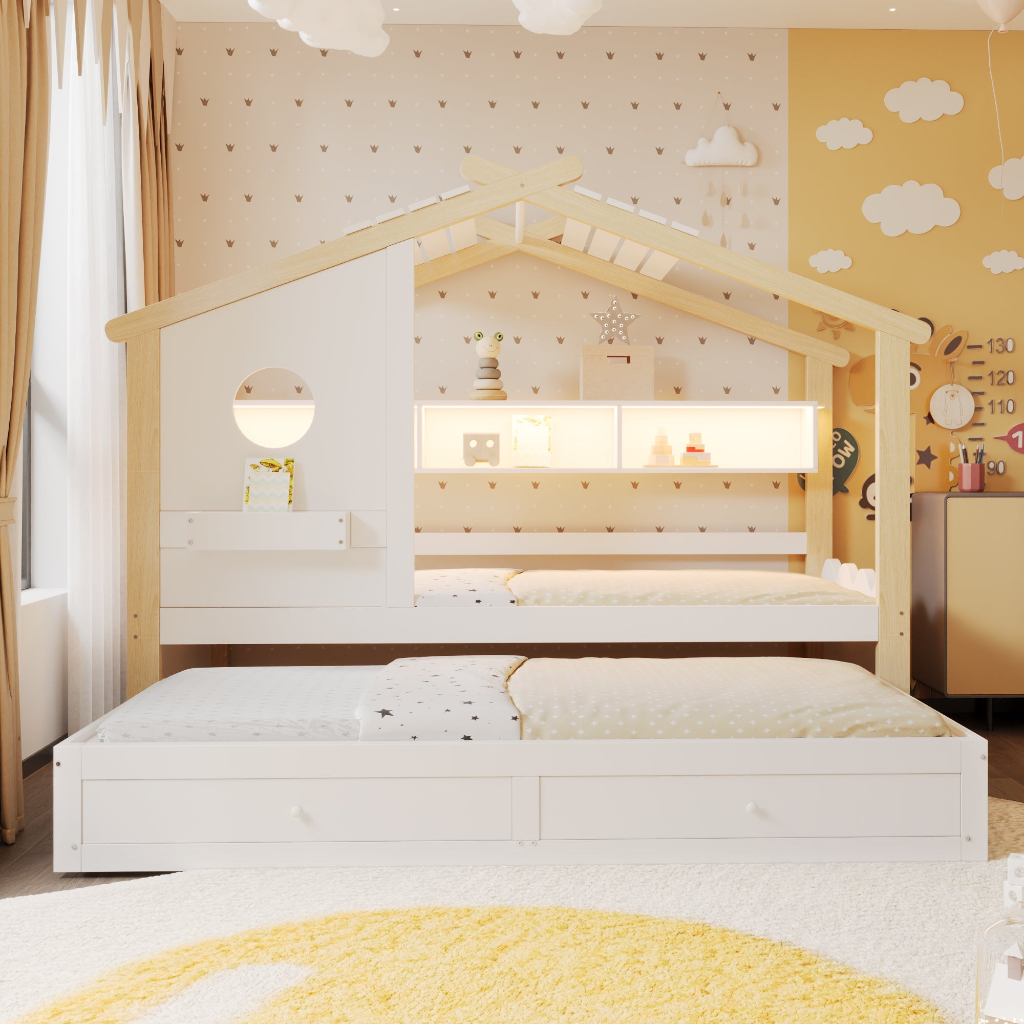 House-Shaped Children's Bed with Pull-out Bed, Drawers, USB, LED and Shelves, 90x200cm, White and Raw Wood