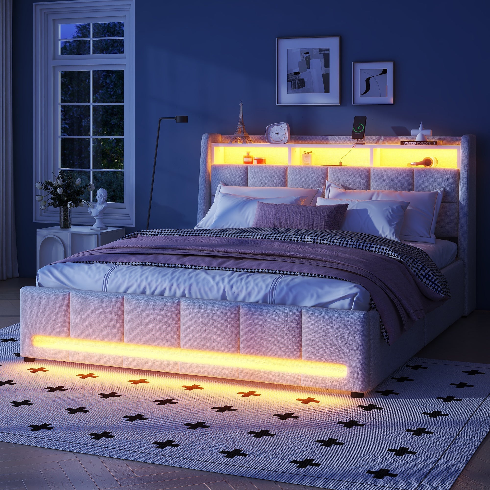 Upholstered Bed 160x200cm LED App Control Drawers USB Storage - Linen Beige