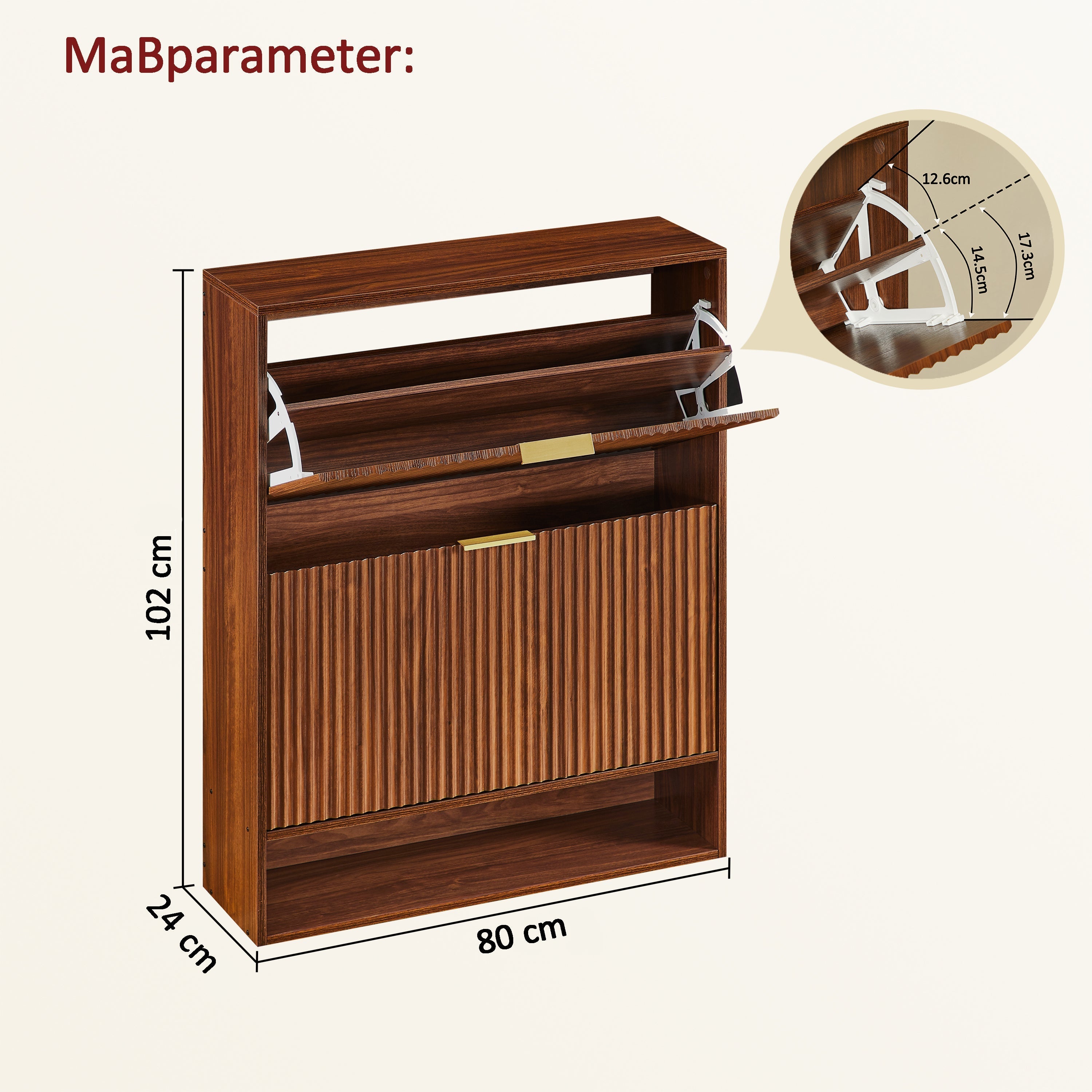 Narrow Shoe Cabinet with Grooved Front and Anti-Tip Device, Walnut Look