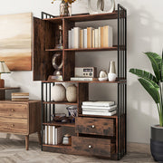 Bookcase, 6-Shelf Industrial Bookcase with Doors & Drawers, Floor to Ceiling, Antique Brown Steel