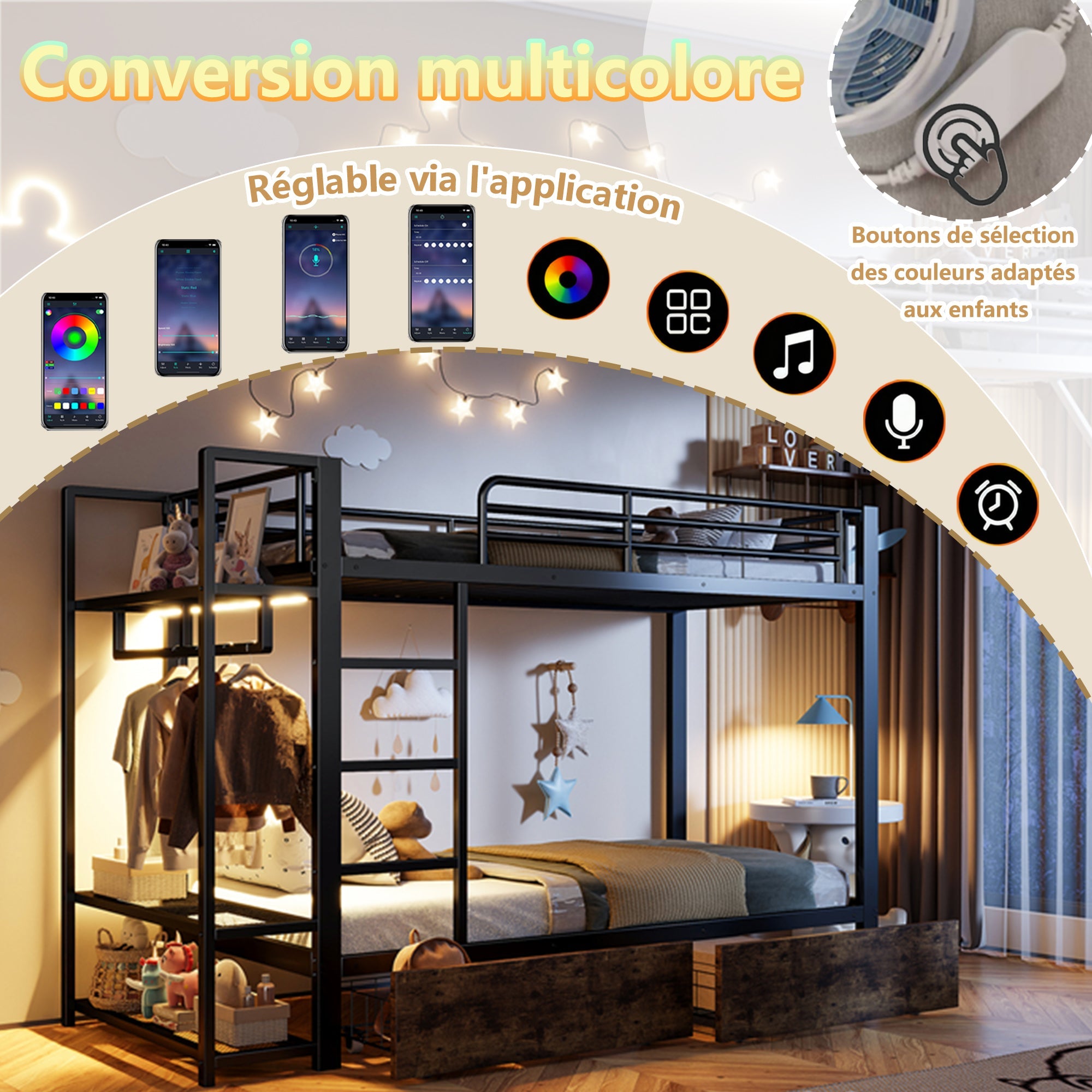 Bunk Bed with 2 Drawers, Shelves, LED and Clothes Rail, 90x200cm, Black Iron Frame