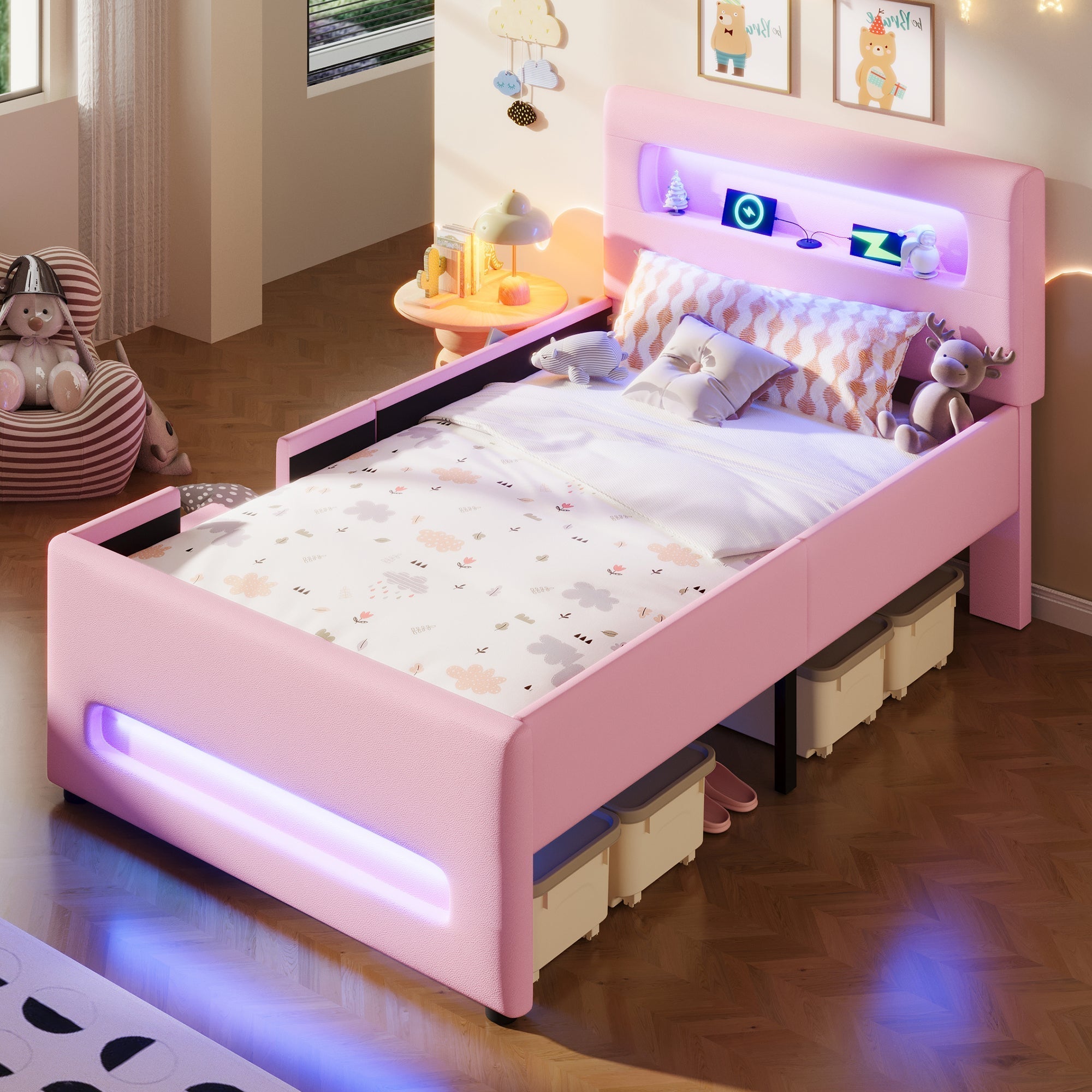Upholstered Platform Bed 90x200cm Stairs Drawers LED USB Storage Pockets - Pink