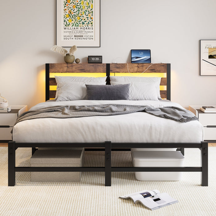 Metal Bed Frame 140x200cm, LED Lighting USB Charging Station Under-Bed Storage, Metal