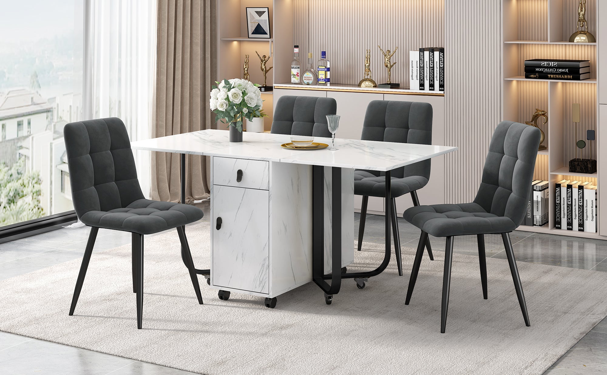 Dining Set Folding 5-Piece 150x80cm Table & 4 Upholstered Chairs Dark Grey Velvet/White MDF Black Legs