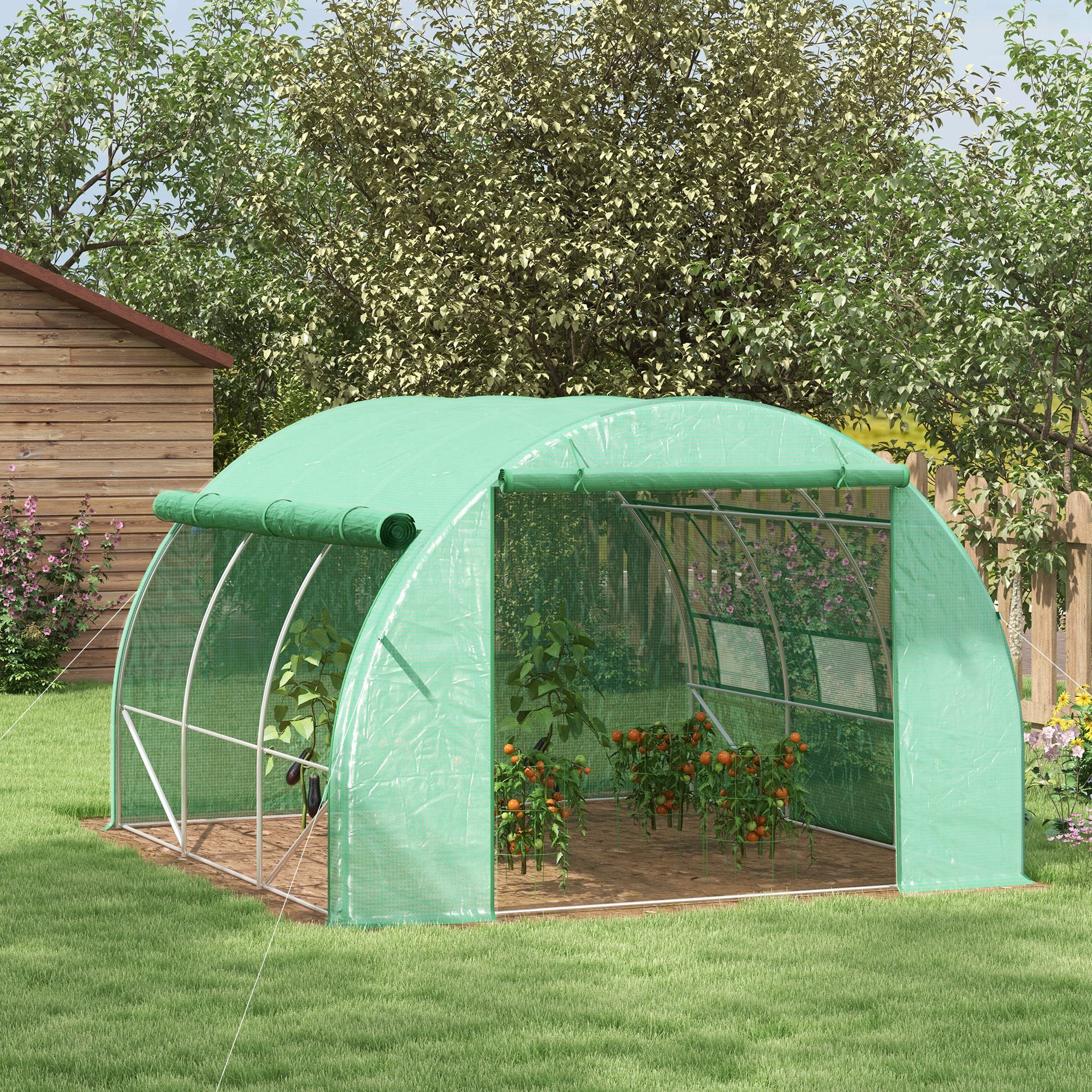 Polytunnel Greenhouse Walk-in Tent, Roll-up Sidewalls Zipped Door 6 Windows 3x3x2m, Green