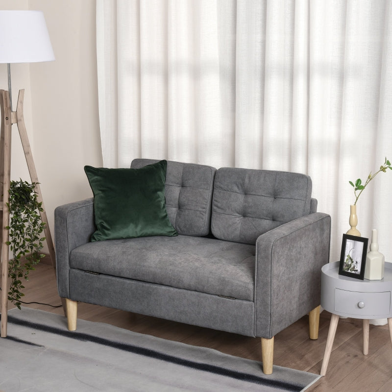 Modern 2 Seater Sofa with Hidden Storage & Wood Legs, Tufted Cotton Grey