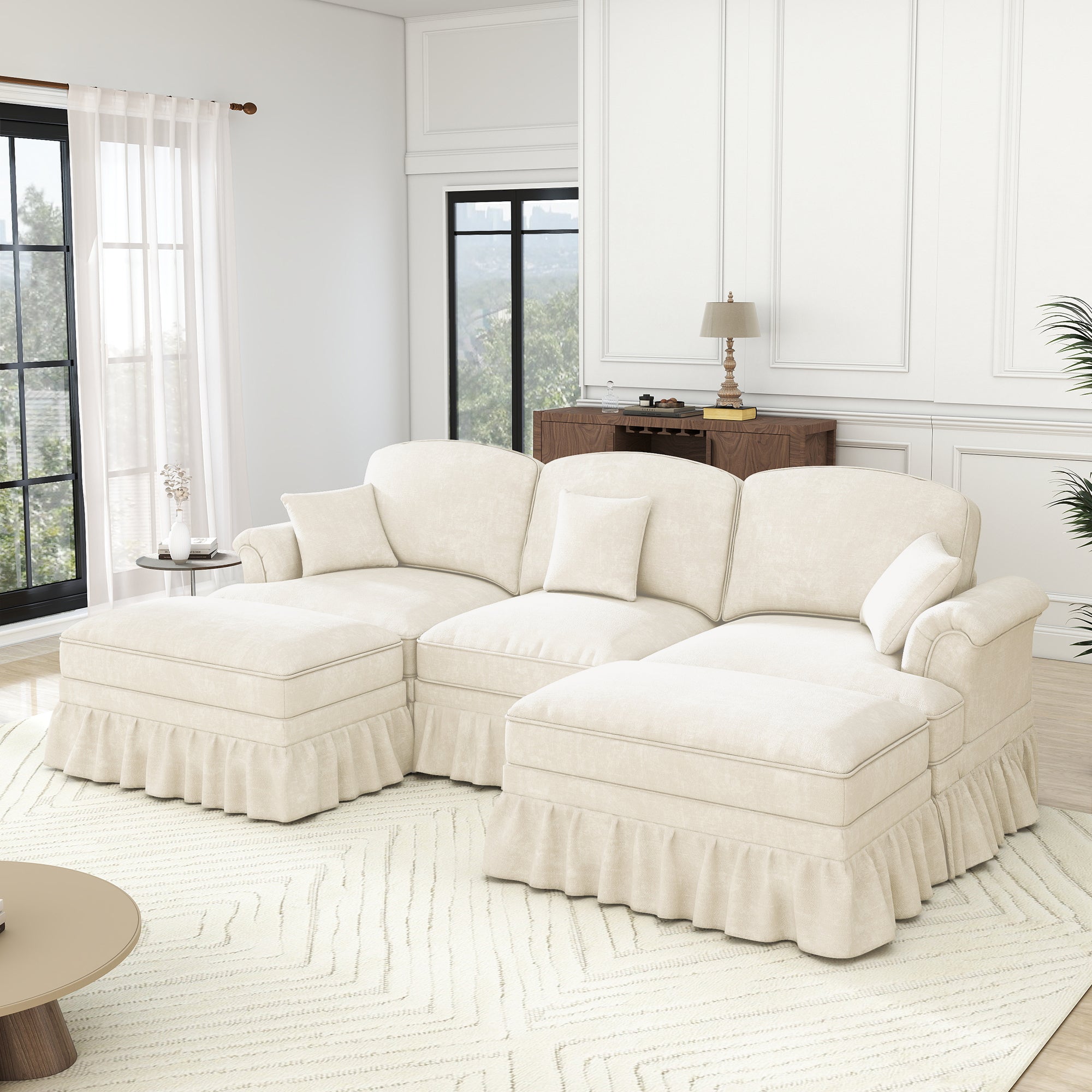 Classic Modular U-Shaped Sofa Chenille Movable Ottoman - White