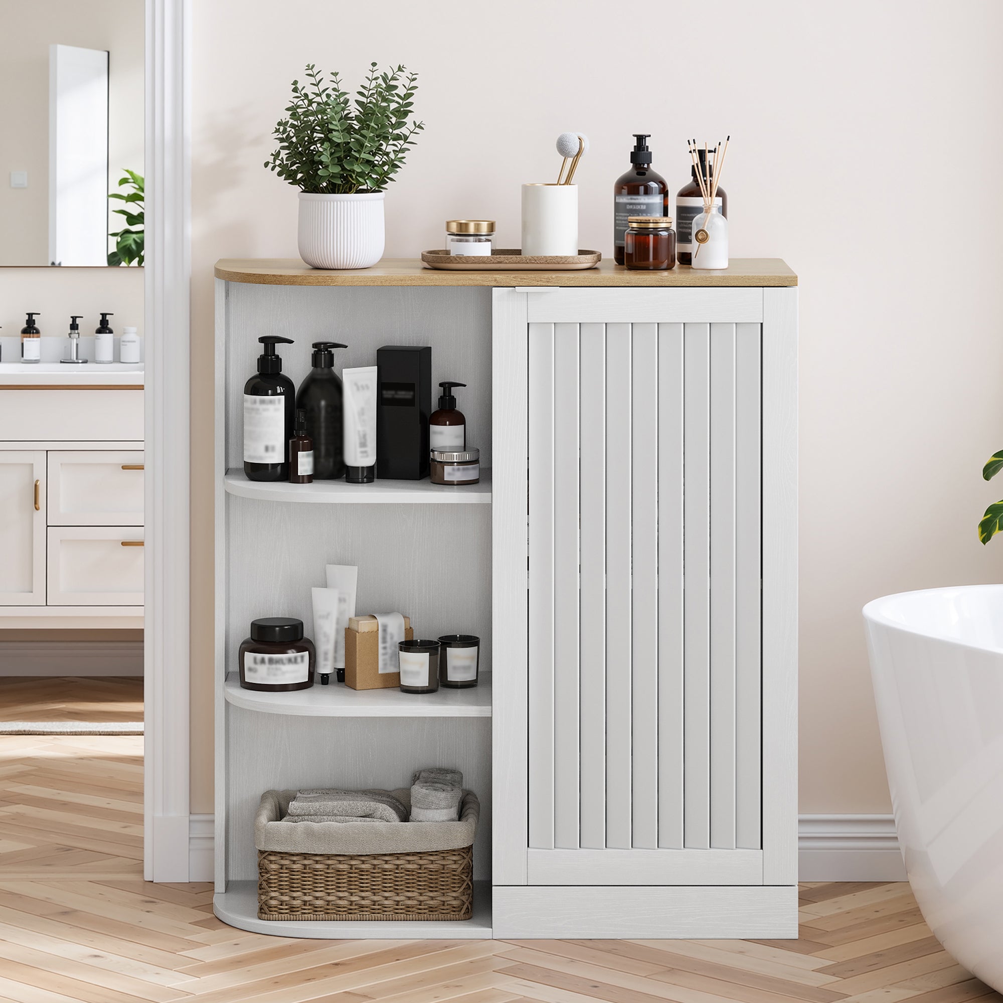 Corner Cabinet with Mesh Doors and Adjustable Shelves, White and Oak