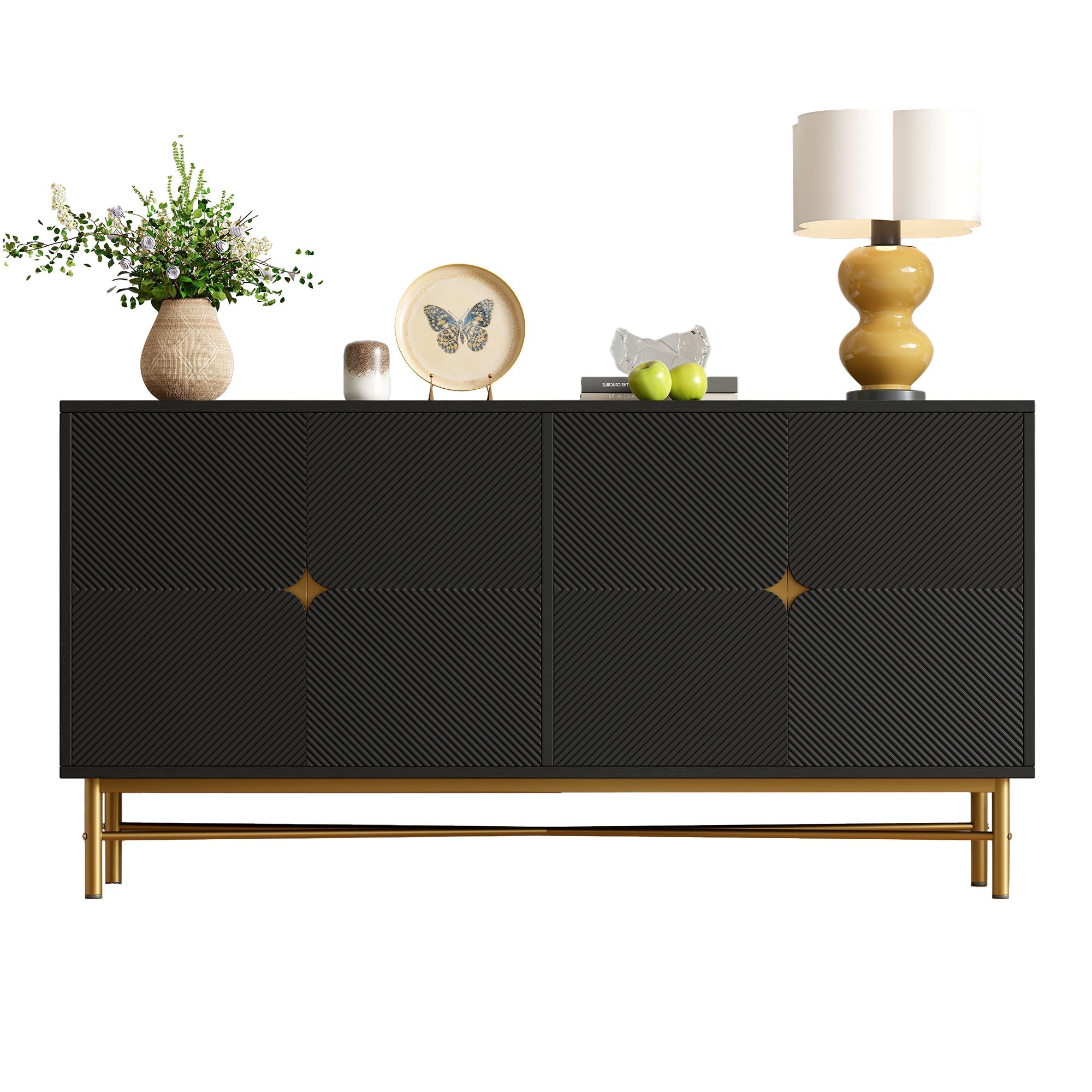 Sideboard Raised Texture 160cm, Cabinet Four Doors, Golden Brushed Handles and High-Gloss Table Legs, Black