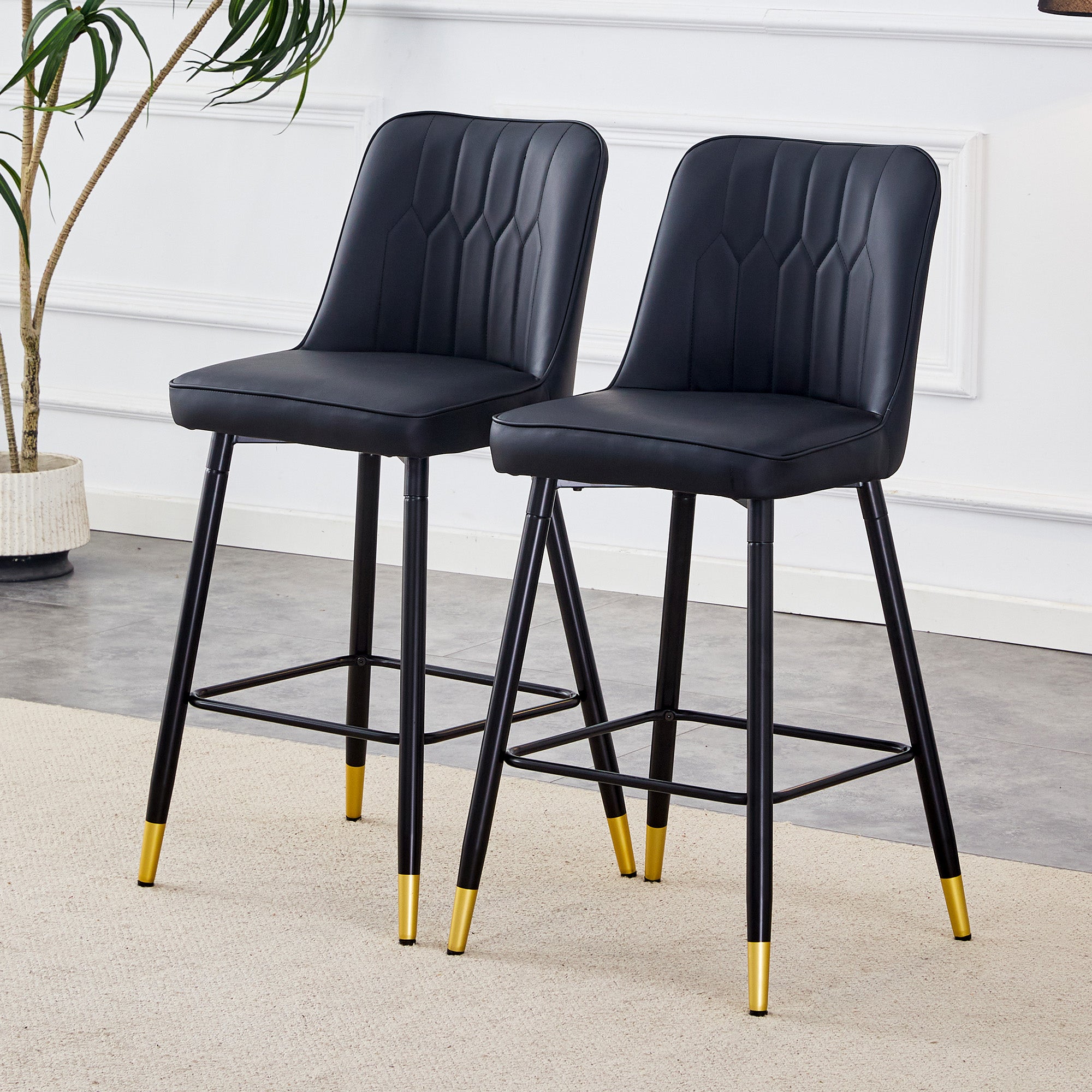 Set of 2 Bar Stools 100cm High Footrest - Black PU Leather