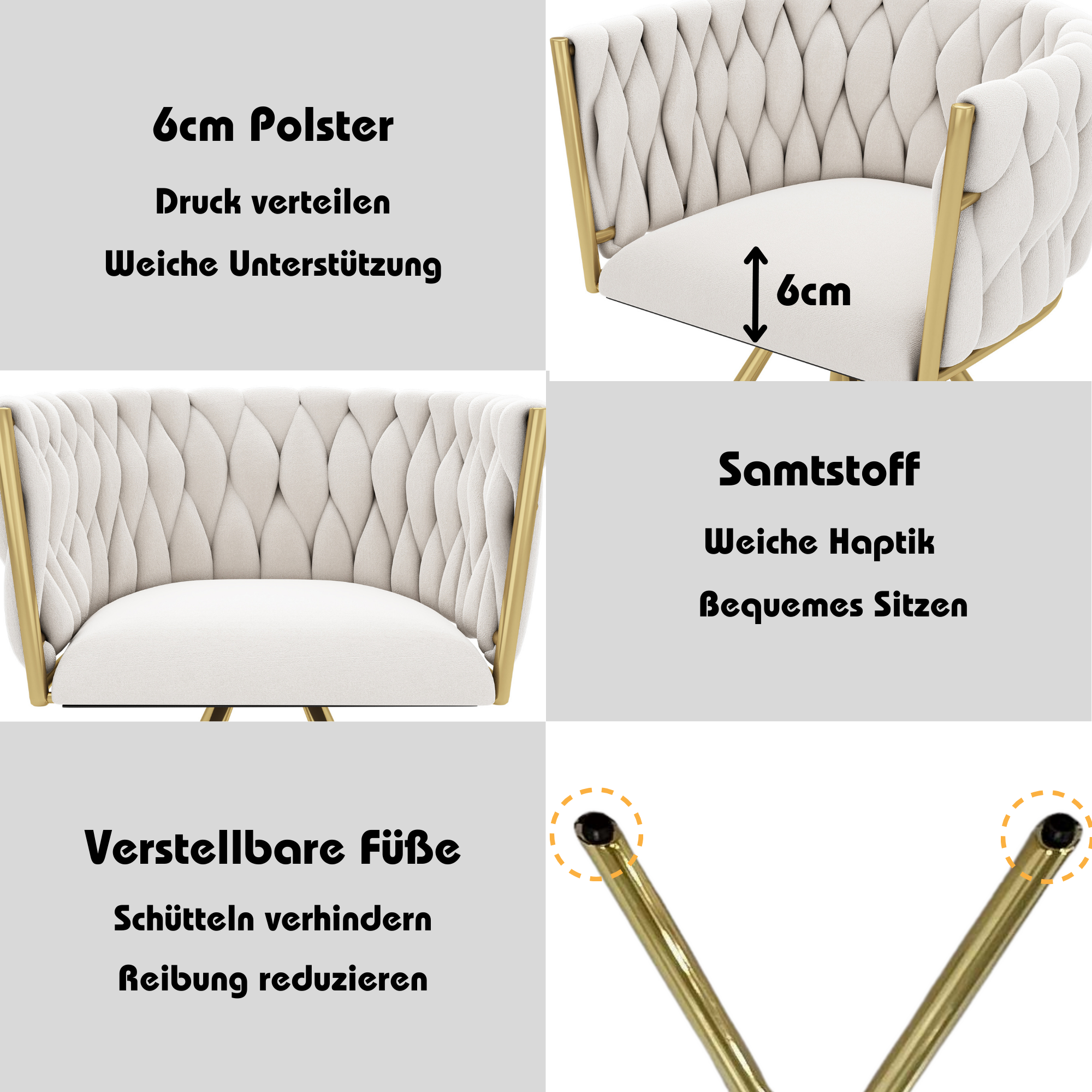Velvet Swivel Chair Set of 6 Metal Legs - Beige and Gold