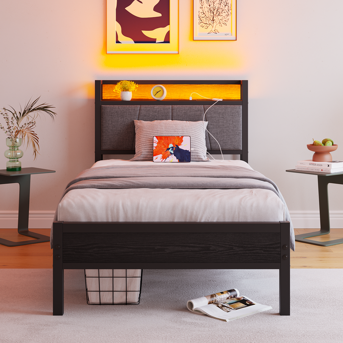 90x200cm Bed Frame Smart LED Lights USB Charging Headboard - Metal