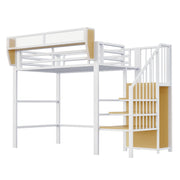 Loft Bed with Safety Ladder and Flexible Storage, 90x200cm, White Metal