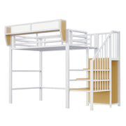 Loft Bed with Safety Ladder and Flexible Storage, 90x200cm, White Metal