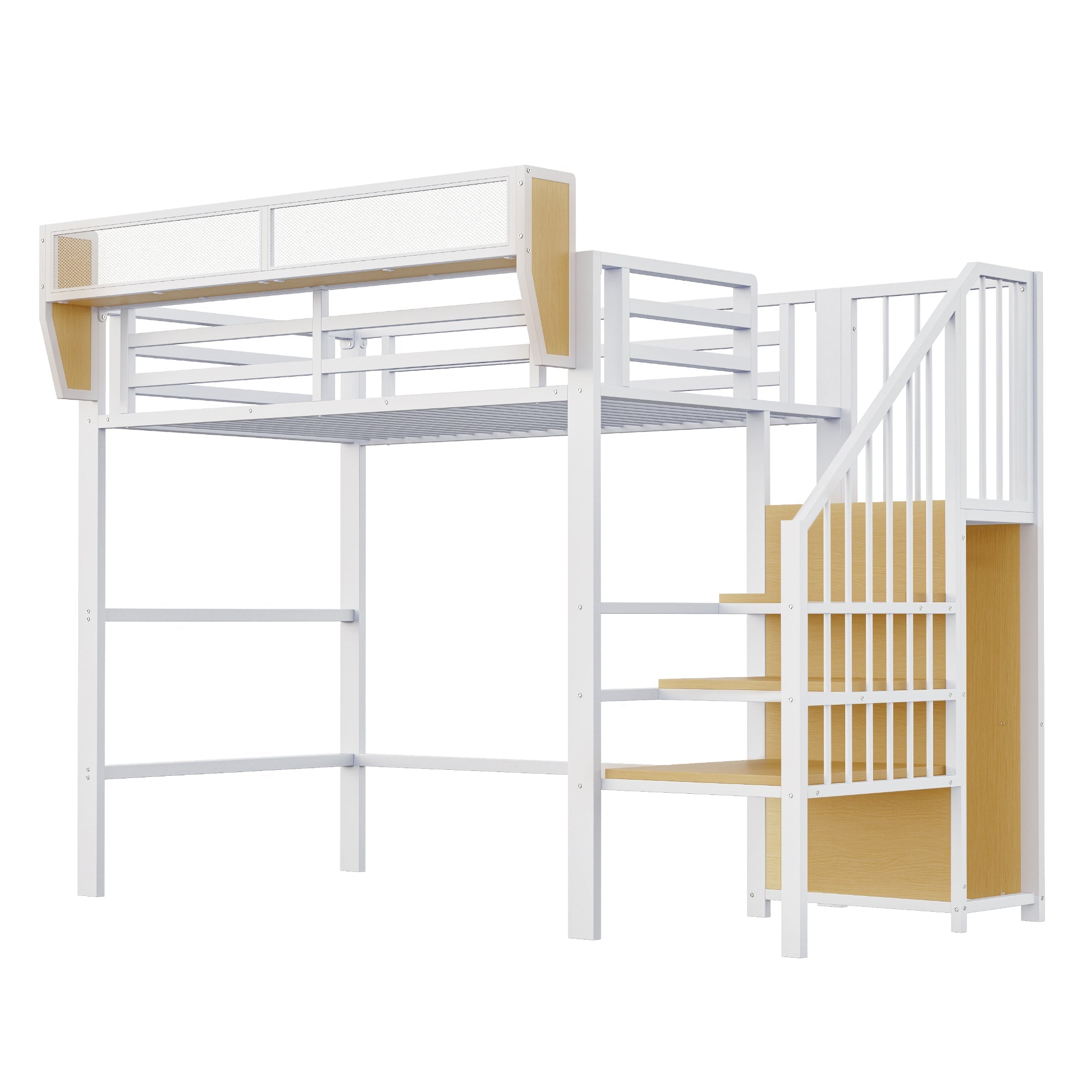 Loft Bed with Safety Ladder and Flexible Storage, 90x200cm, White Metal